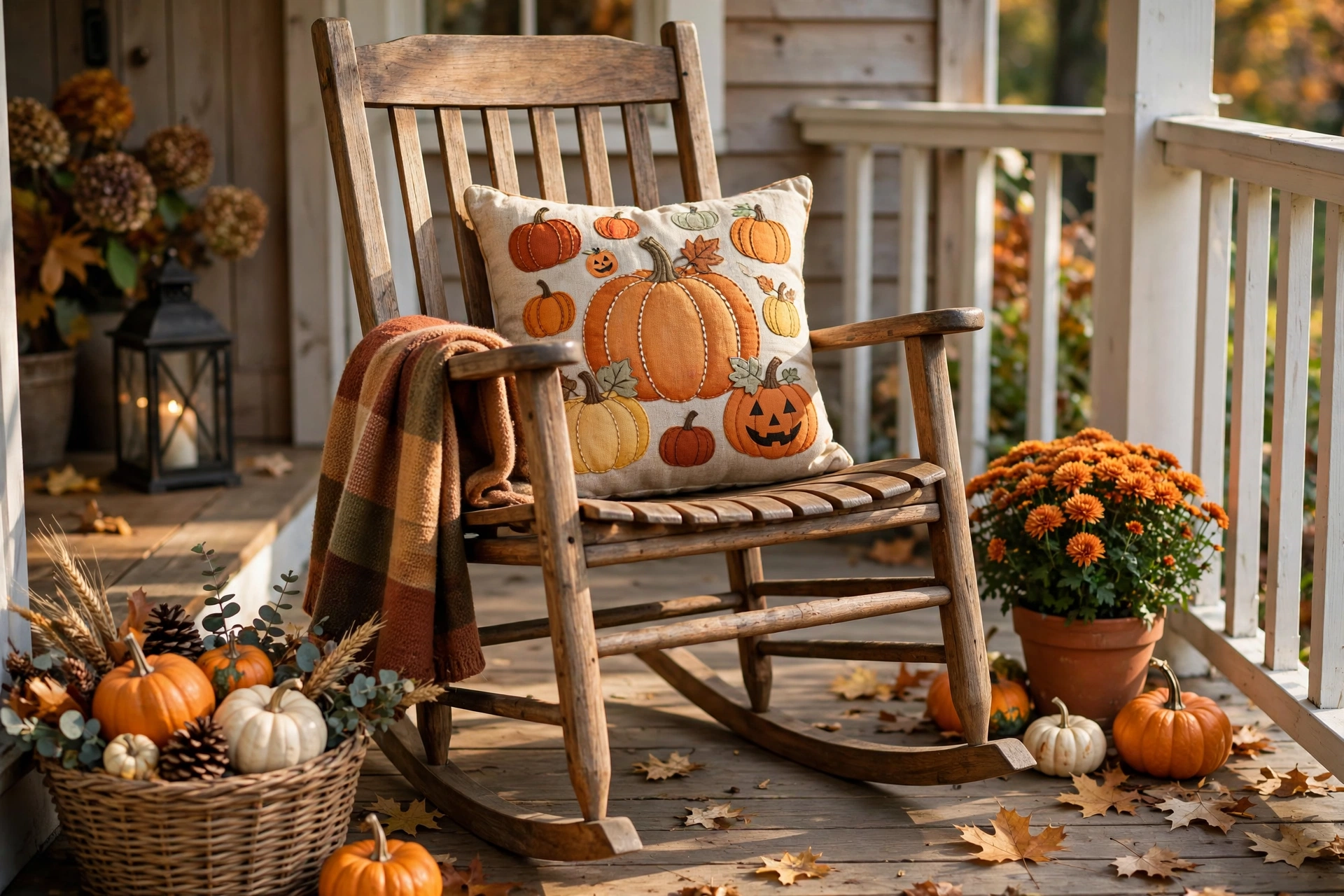 Rocking chair on a small porch with a pumpkin-motif fall pillow.
