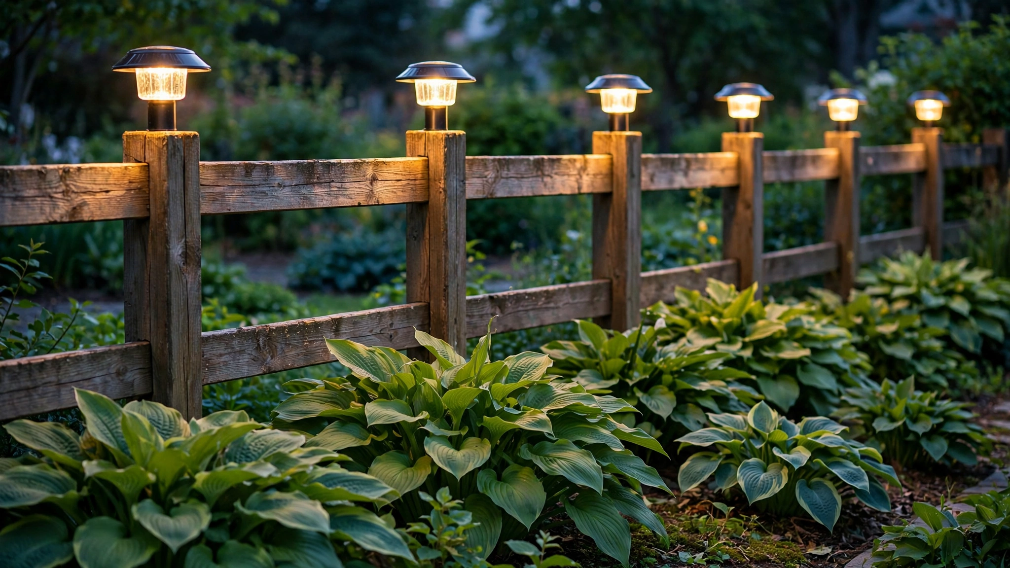 Solar post cap lights glowing on fence posts above a bed of lush hostas at dusk.
