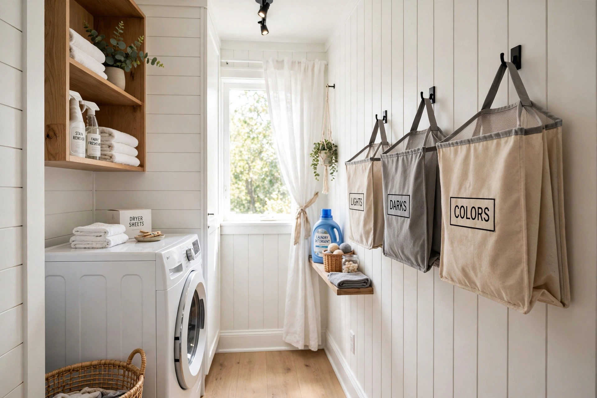 Foldable hanging sorting bags — small narrow laundry room idea