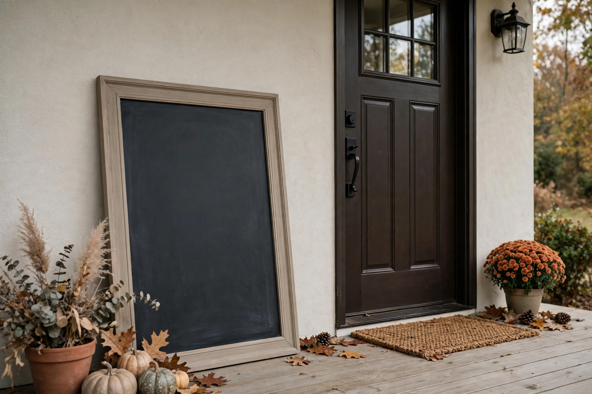 Greige framed chalkboard welcome sign leaning by a front door.