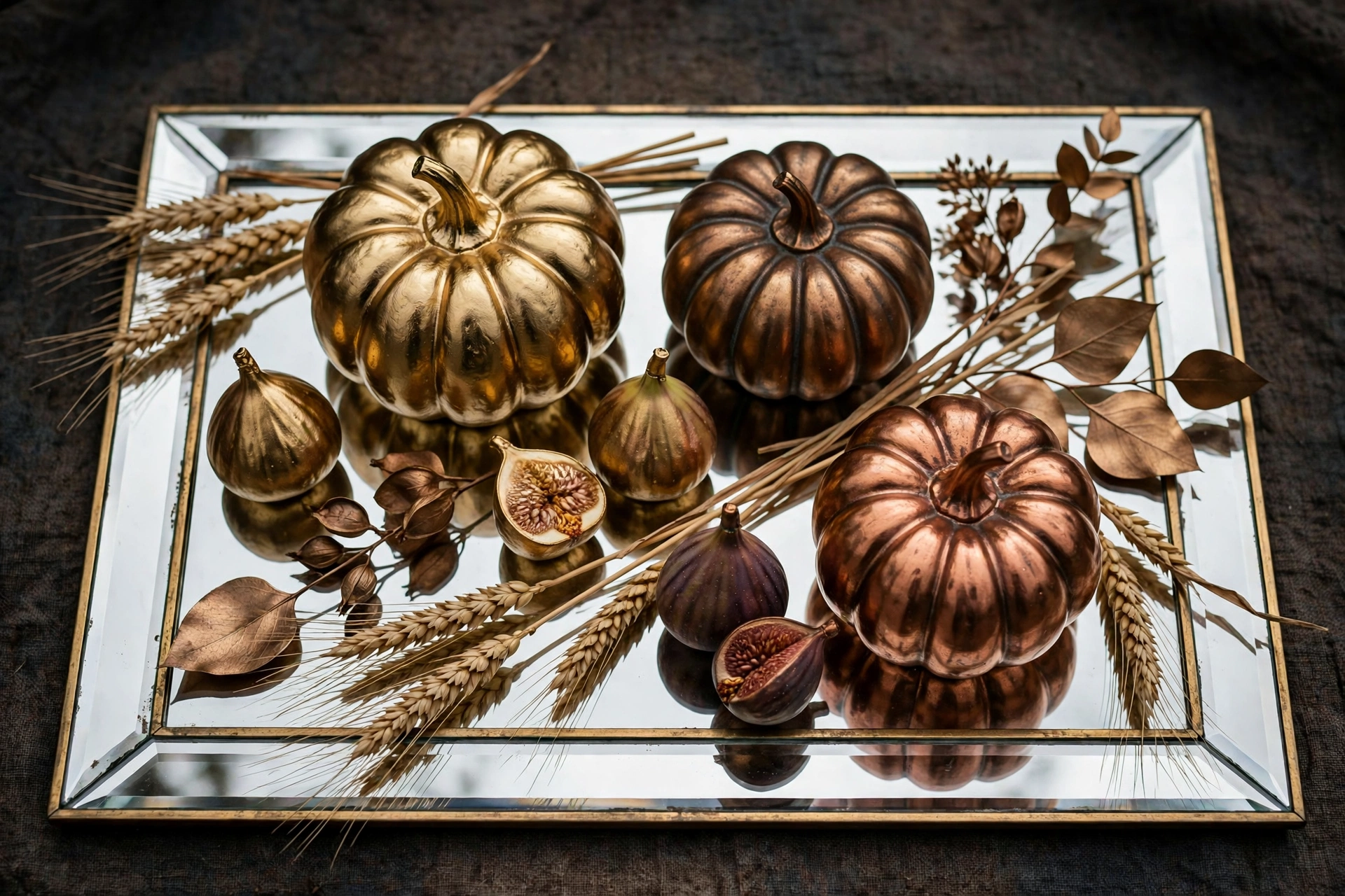 Mirrored tray with gold, bronze, and copper metallic pumpkins, figs, and dried wheat.