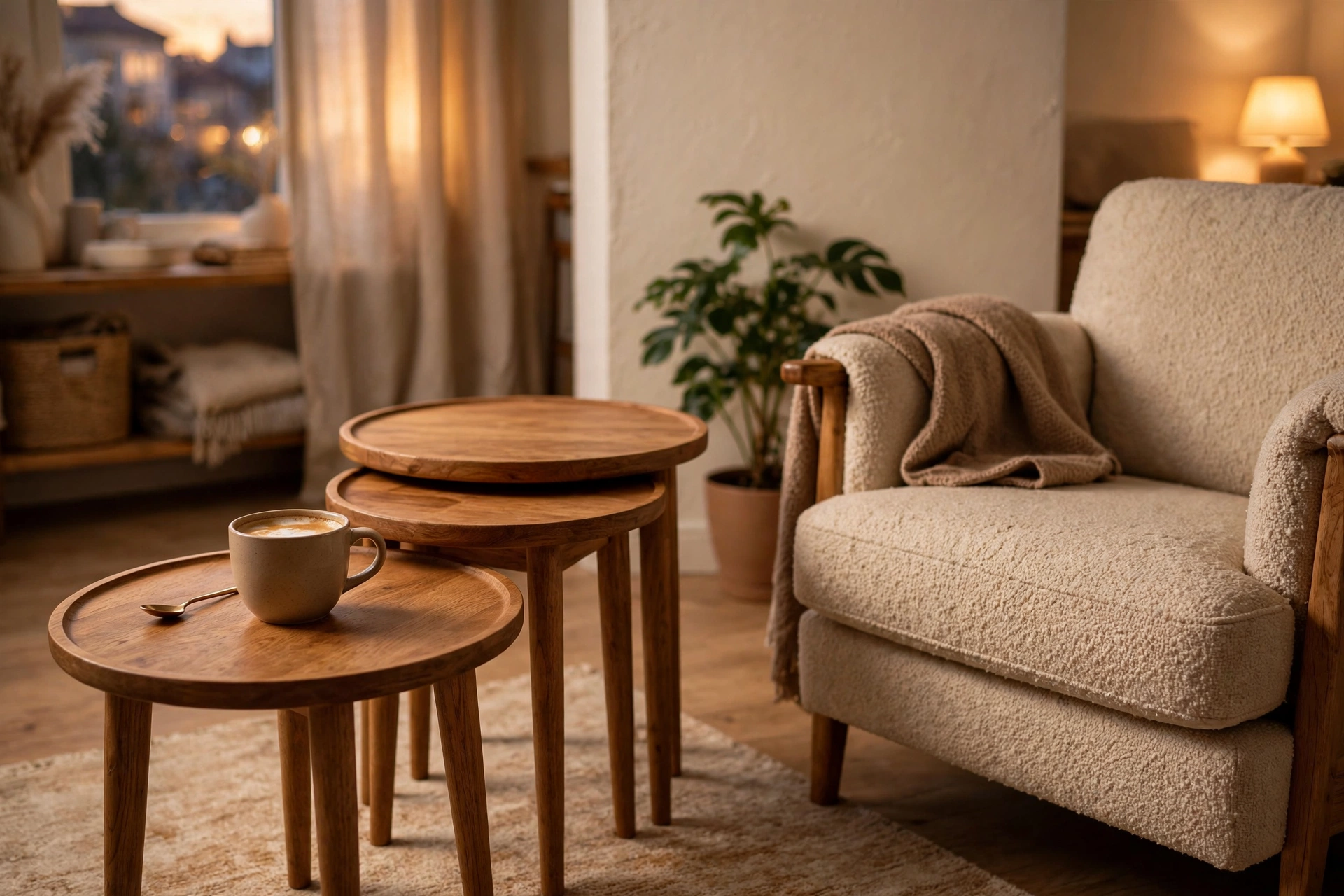 A set of nested round side tables beside an armchair in a small studio living area