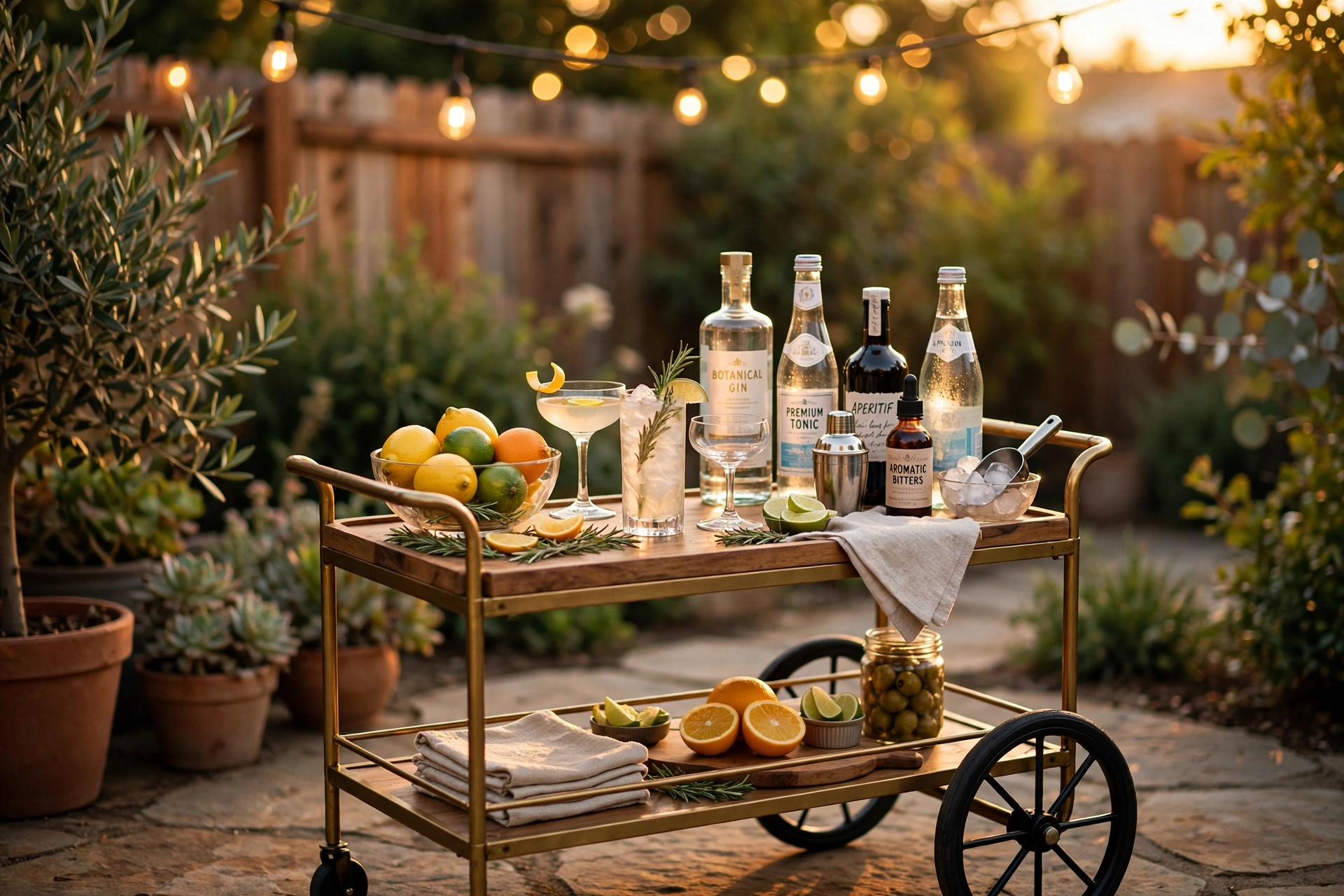 A stylish outdoor bar cart on a patio stocked with bottles, glasses, and citrus, with string lights above