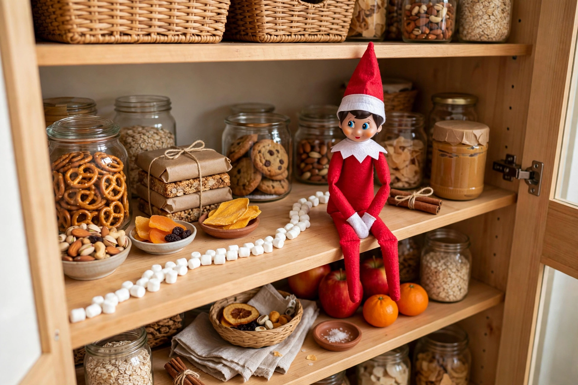 Pantry raid with marshmallow trail — elf on the shelf arrival idea