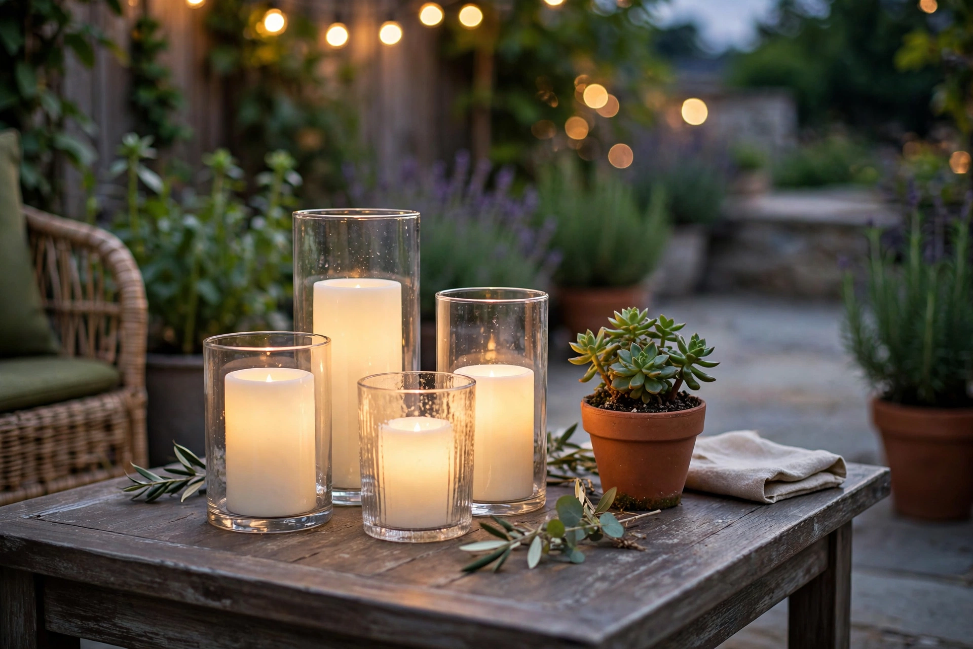 Cluster of flameless candles in glass holders on an outdoor patio coffee table at dusk with a small potted plant.
