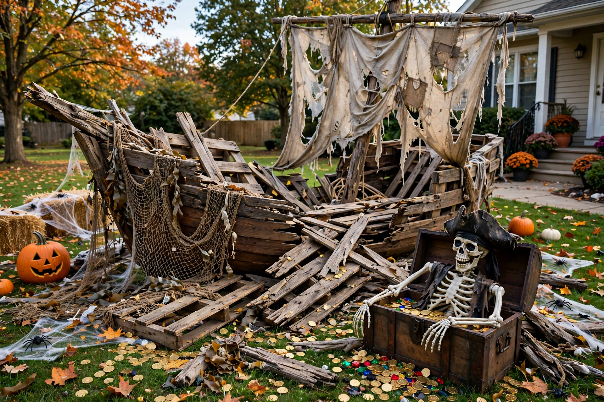 Skeleton pirate slumped over a treasure chest beside a broken pallet shipwreck in a yard.