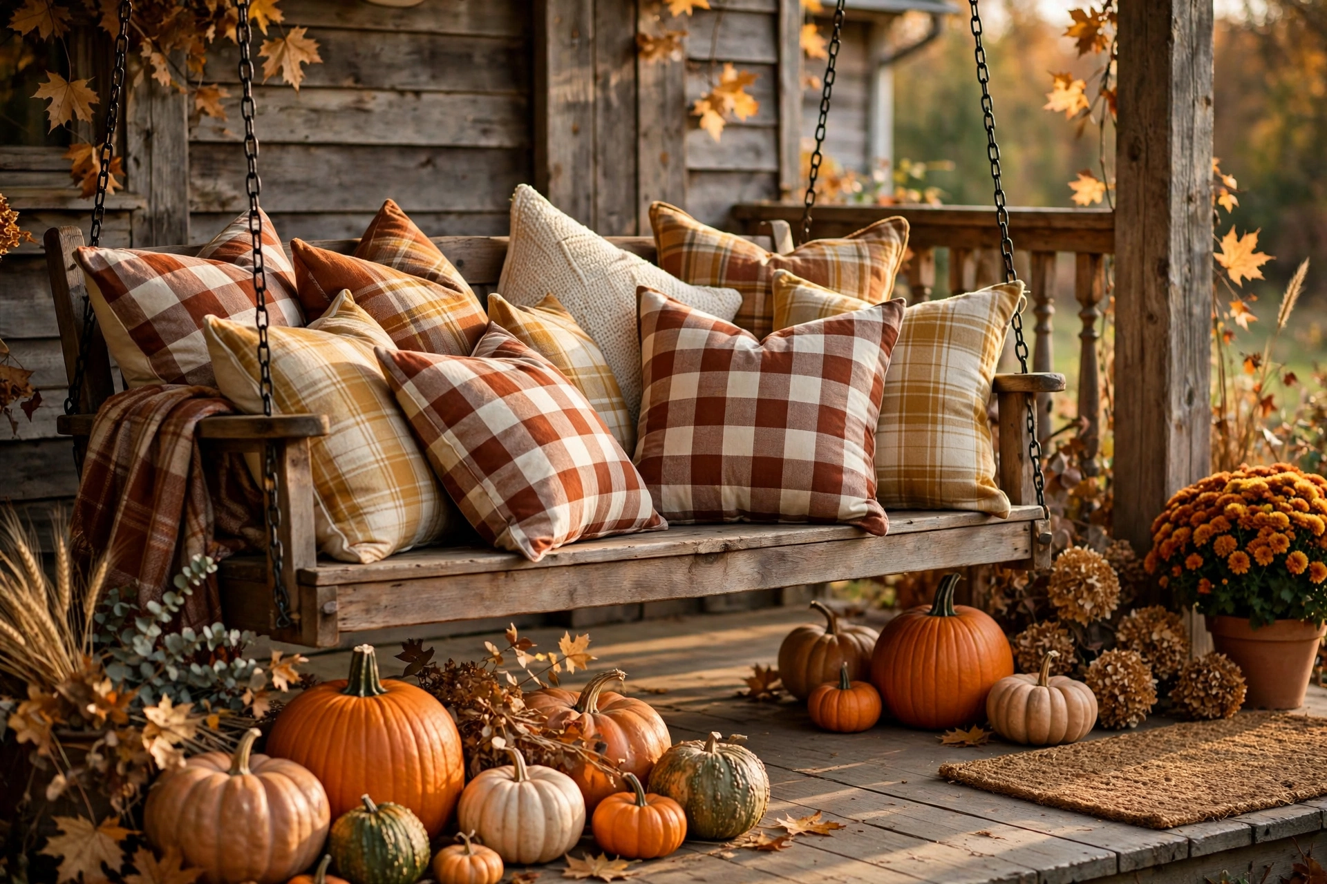 Buffalo check and plaid pillows piled on a porch swing in fall colors.