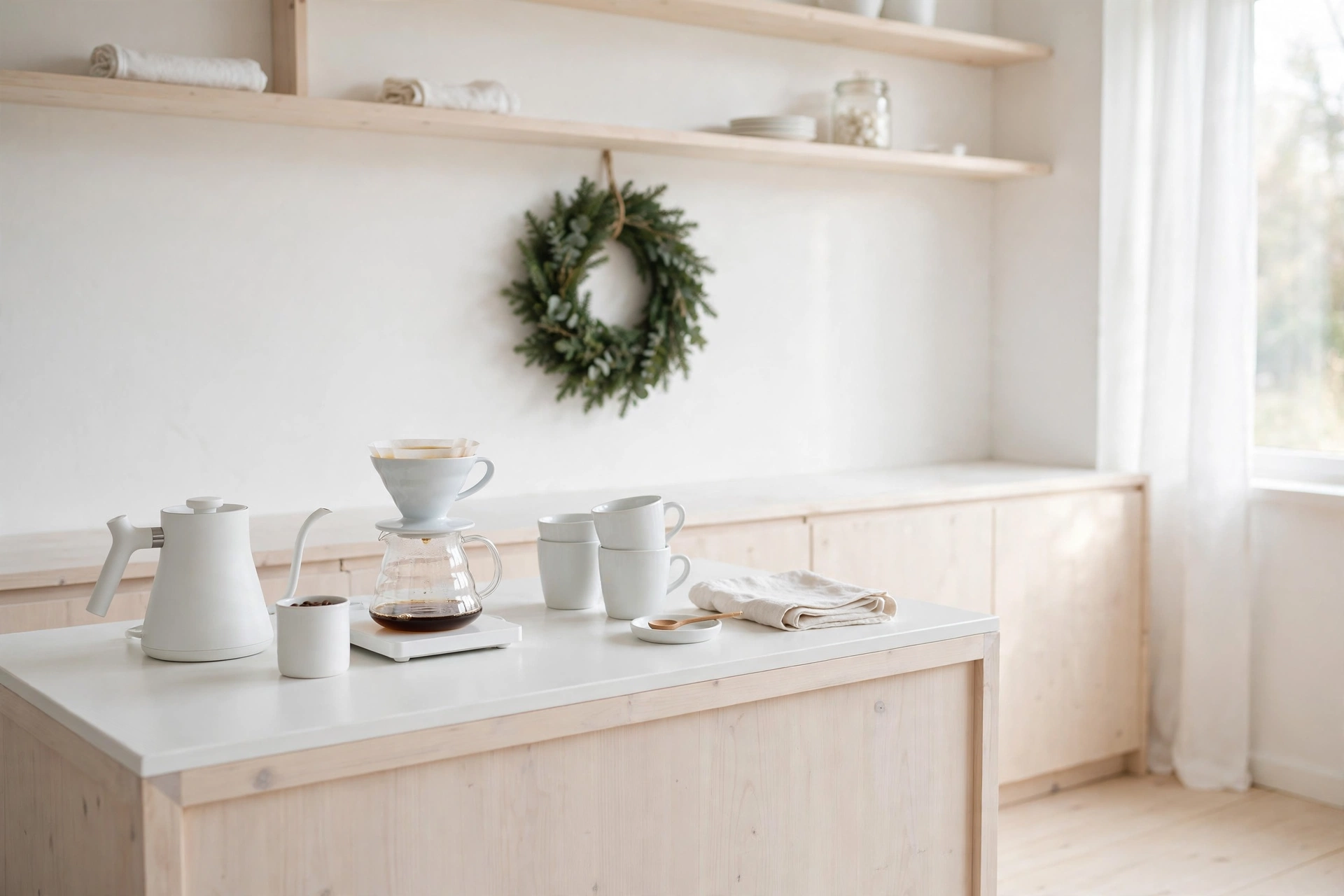 All-white Scandinavian coffee bar with pour-over and green wreath