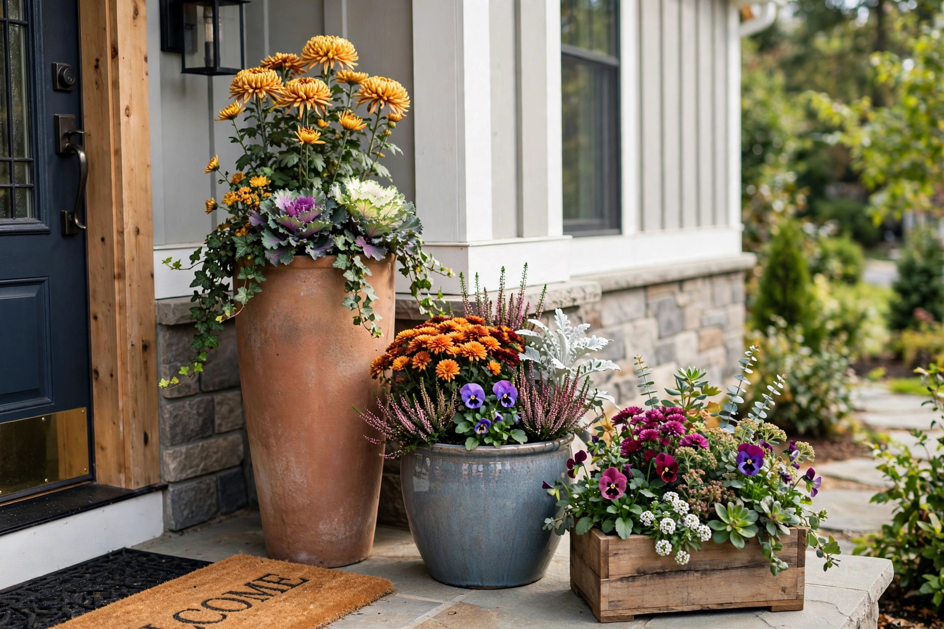 Trio of different-height containers with seasonal flowers near a front entry.