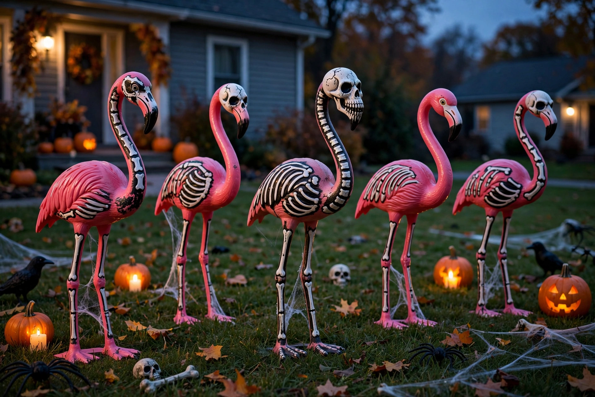 Plastic flamingos painted as skeletons standing on a front lawn at dusk.