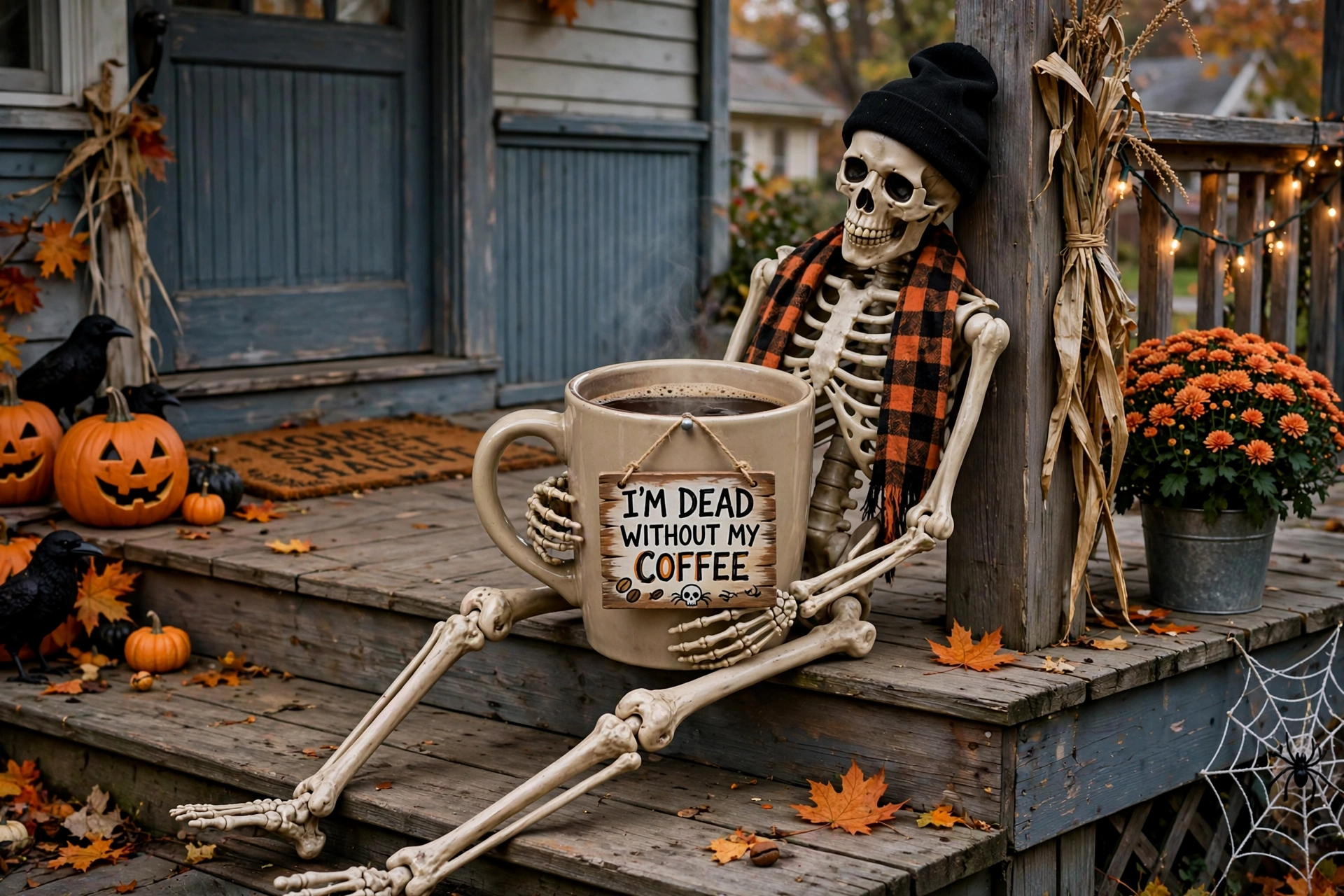 Skeleton slumped on porch steps holding a giant coffee mug with a funny sign.