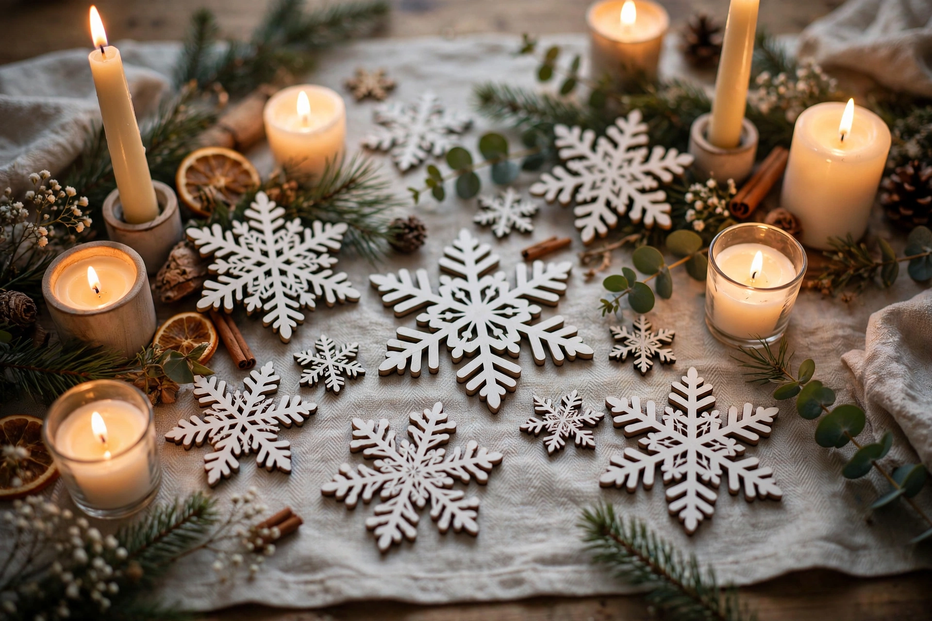 Snowflake cutout table scatter among candles on a winter table