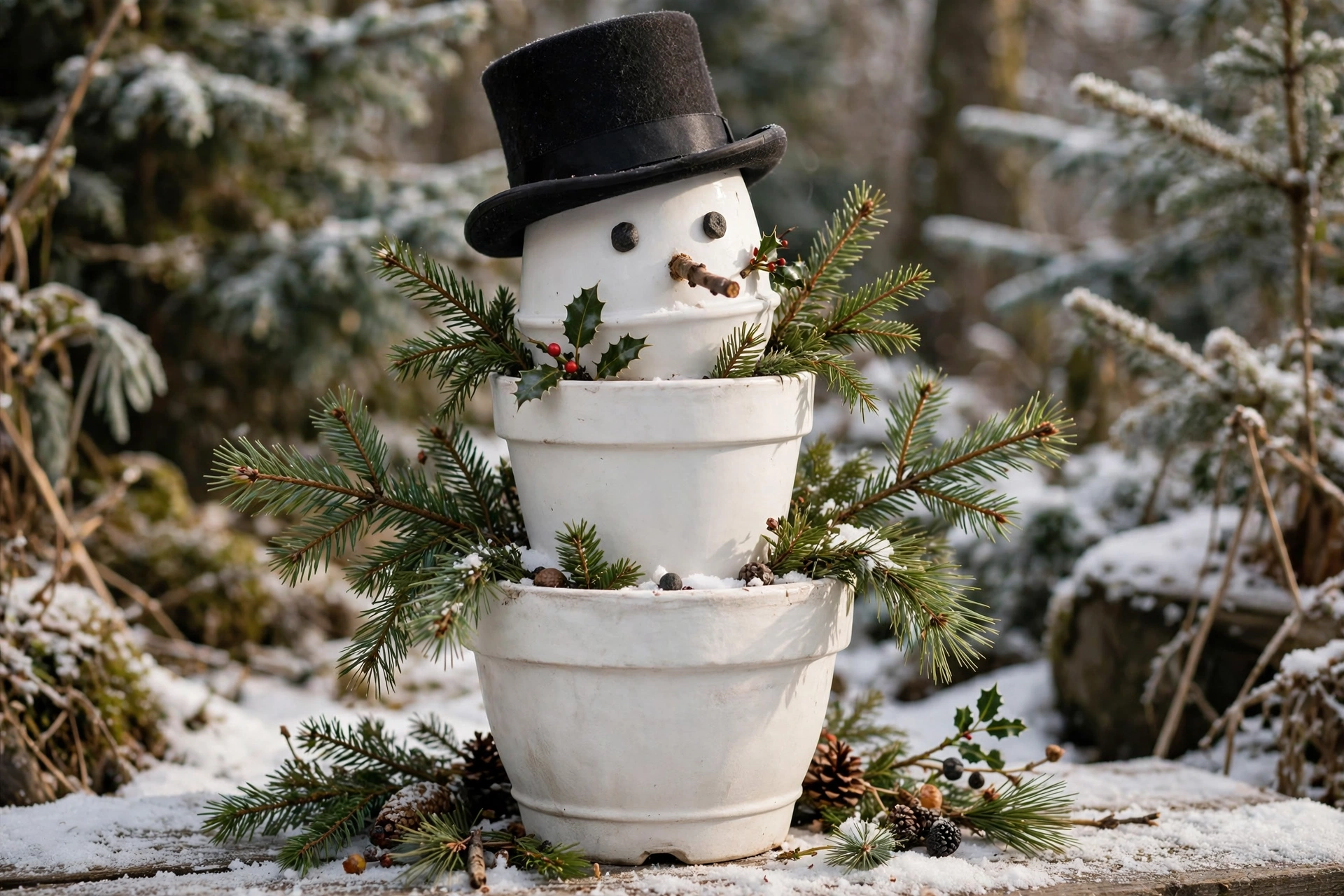 Stacked white pots forming a snowman with evergreen sprigs and a hat.