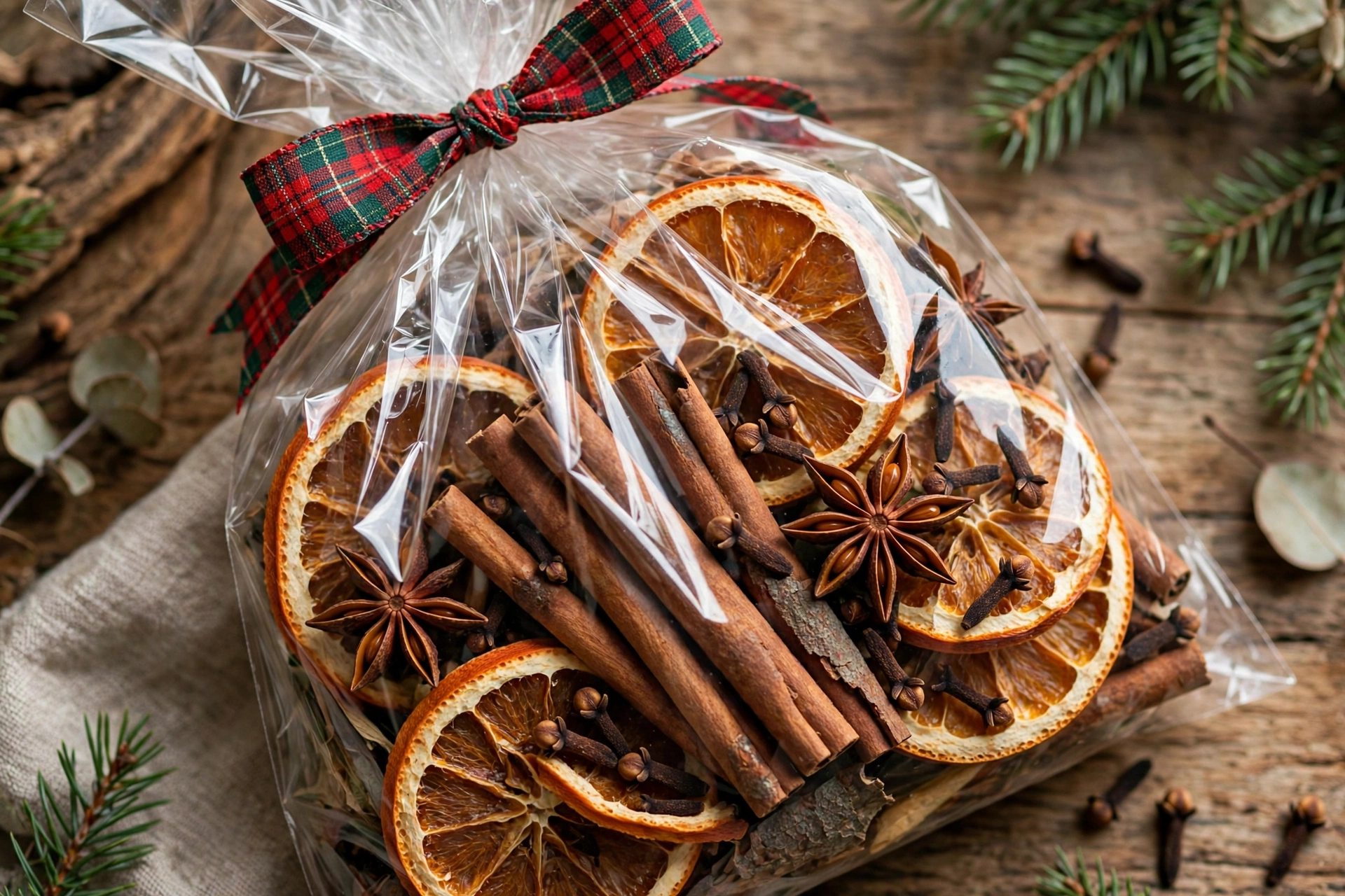 Spiced simmer pot kit with dried oranges, cinnamon, and cloves in a cellophane bag with ribbon.