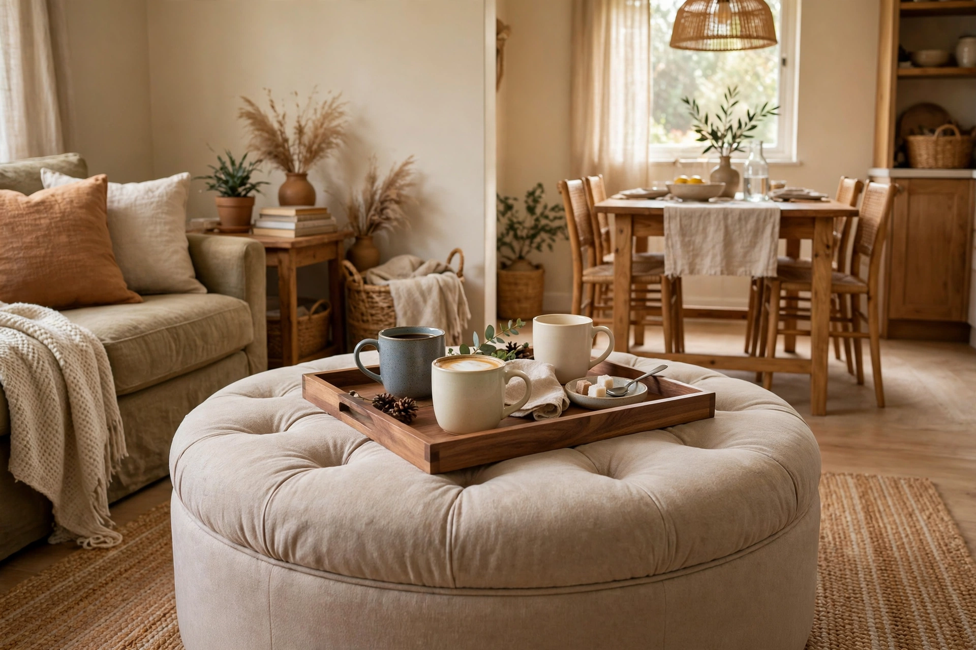 Round upholstered storage ottoman with a tray used as coffee table in a small living room.
