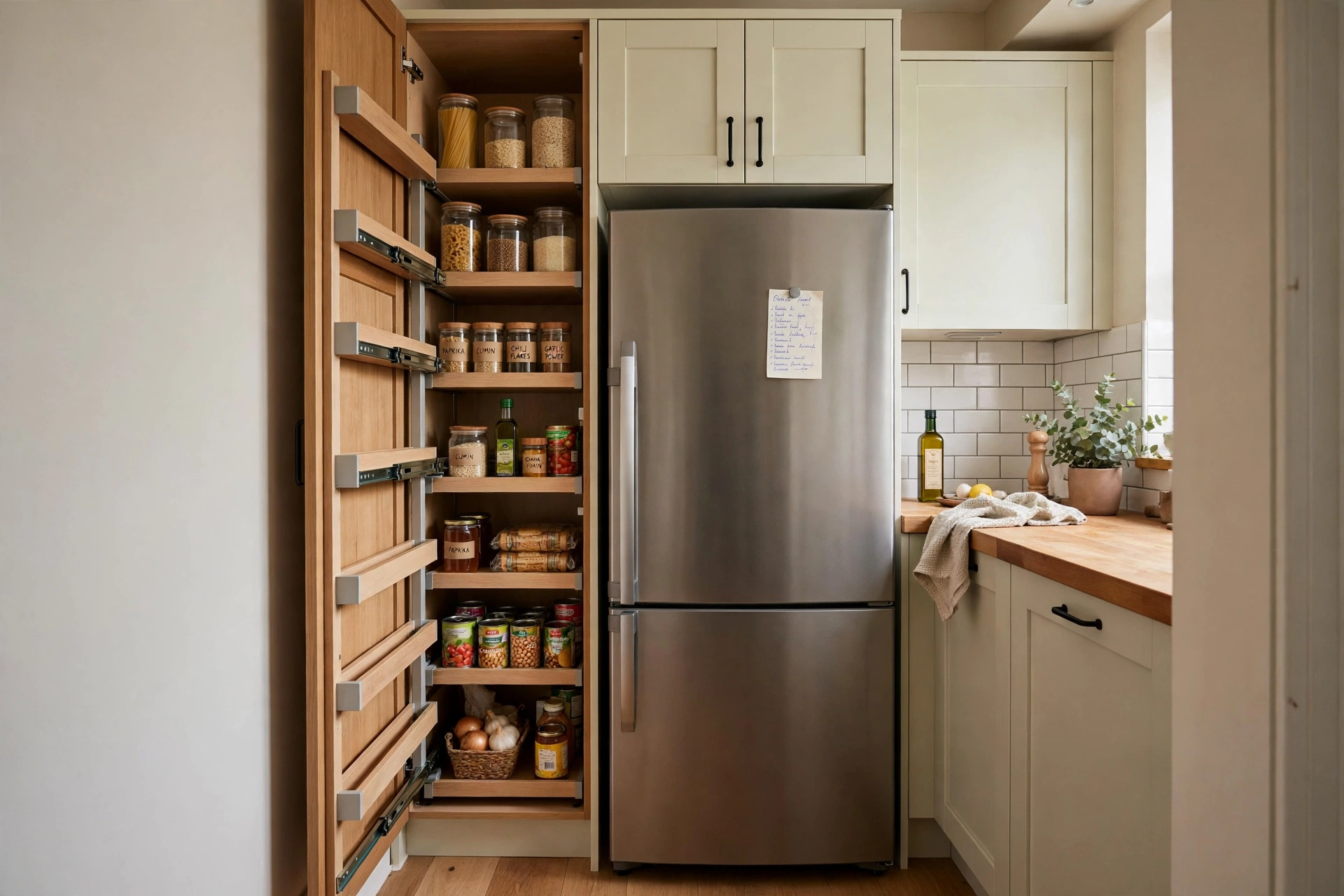 Tall narrow pull-out pantry cabinet open beside a fridge in a small kitchen.