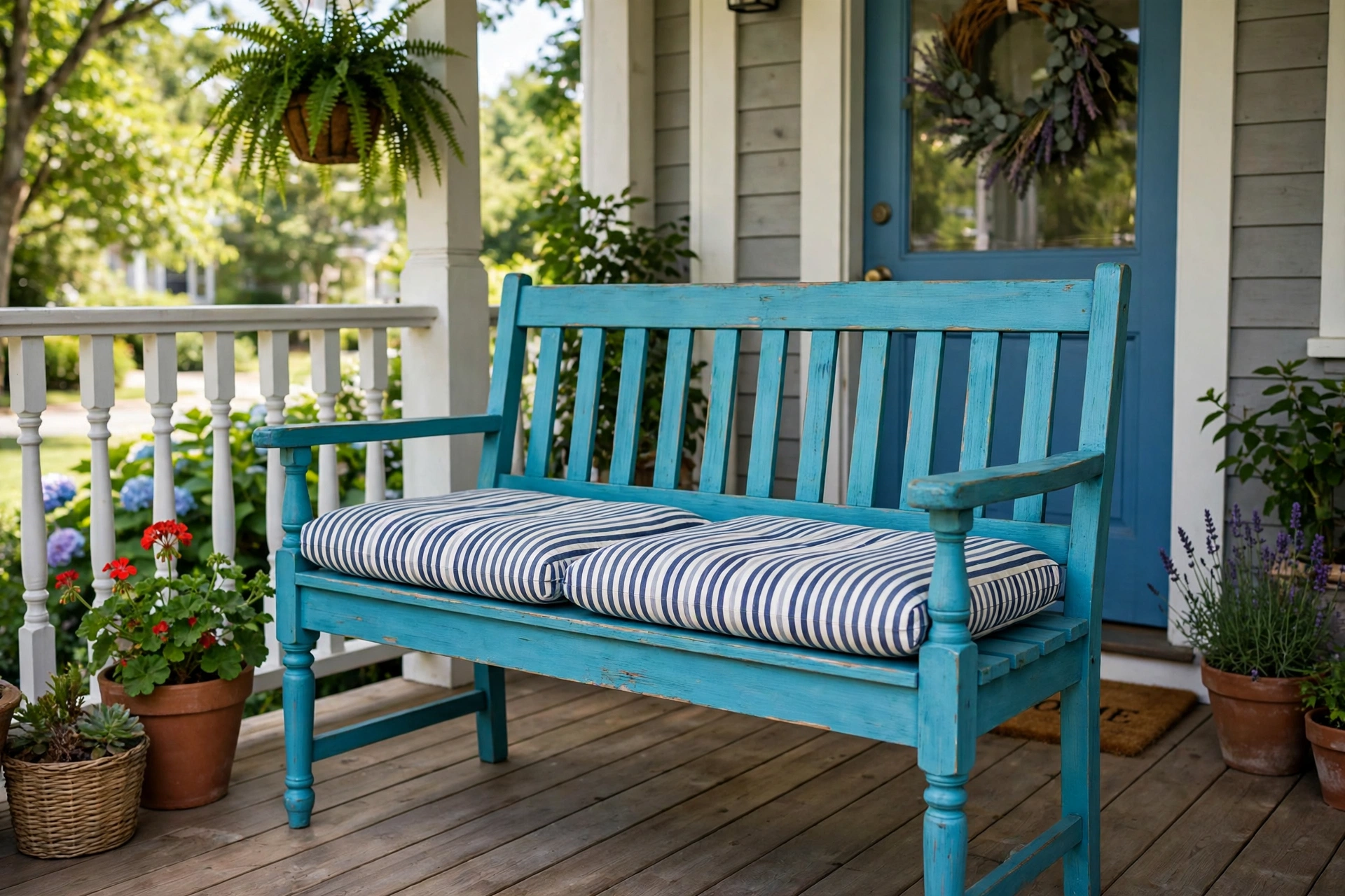Turquoise painted wooden bench with striped cushions on a summer front porch.
