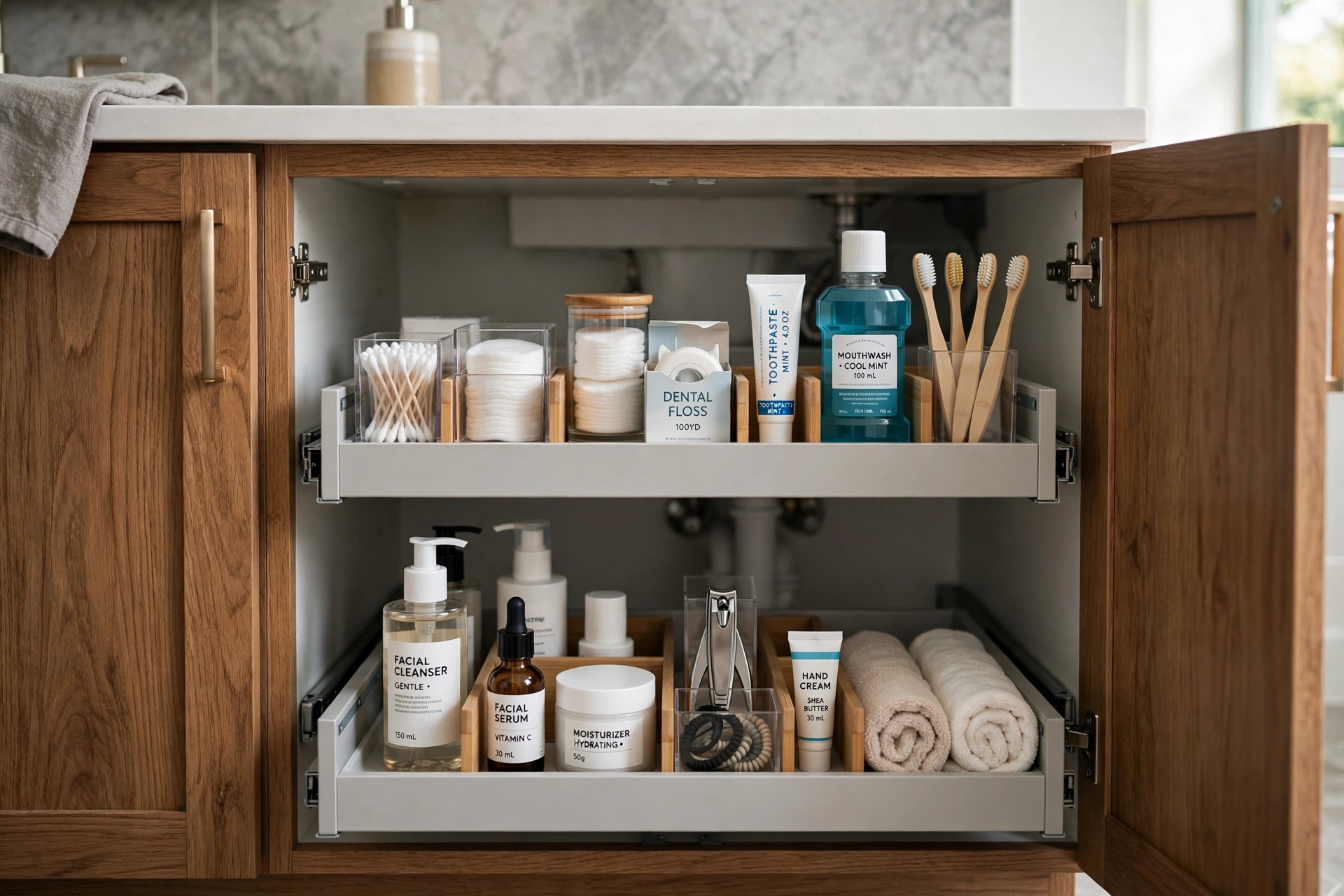 Under-sink pull-out organizers — small bathroom idea
