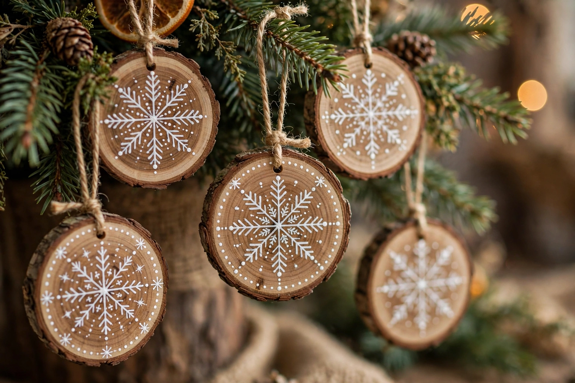 Rustic wood slice Christmas ornaments with painted snowflakes hanging on a tree with twine.