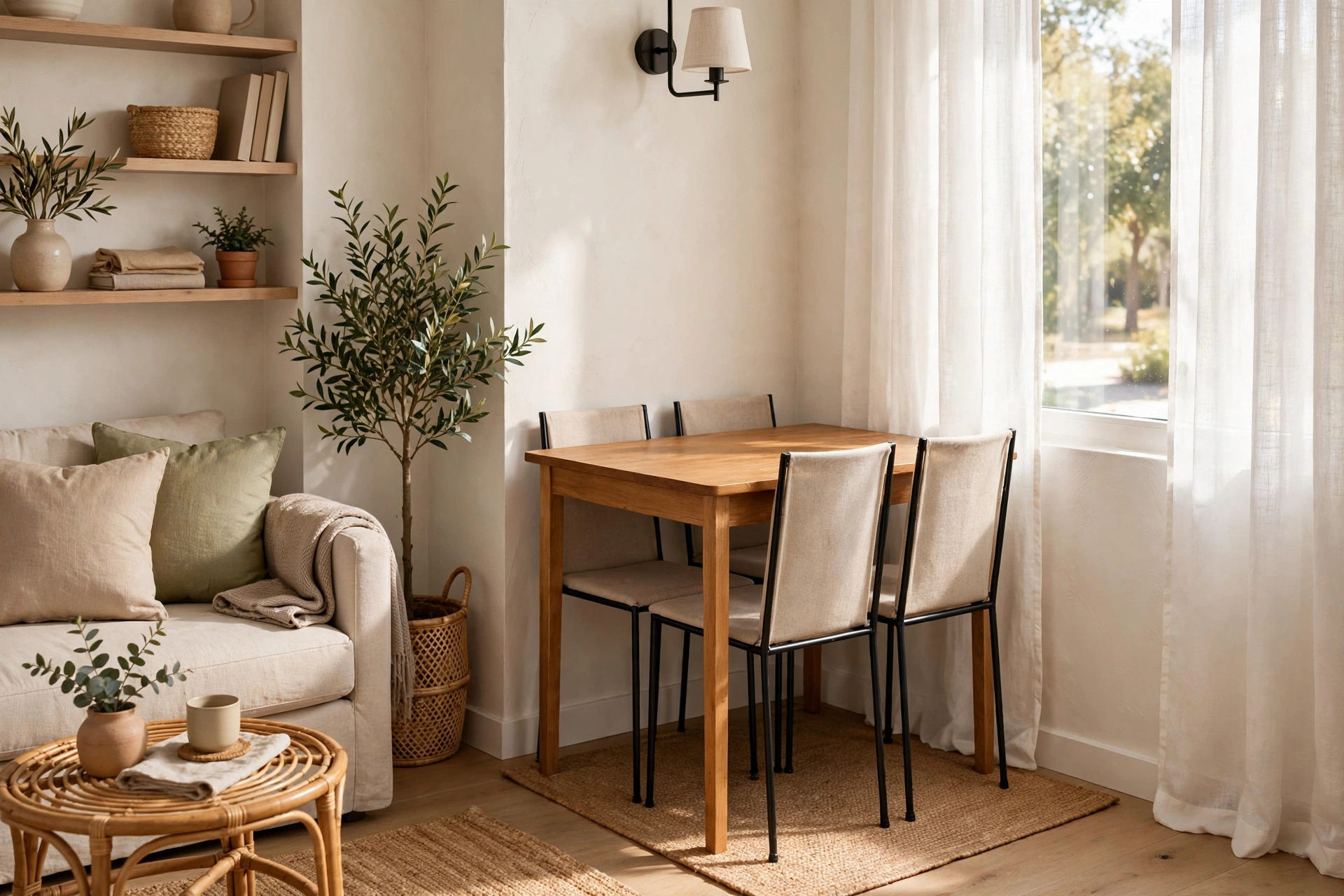Slim armless dining chairs tucked under a wooden dining table in a small room.