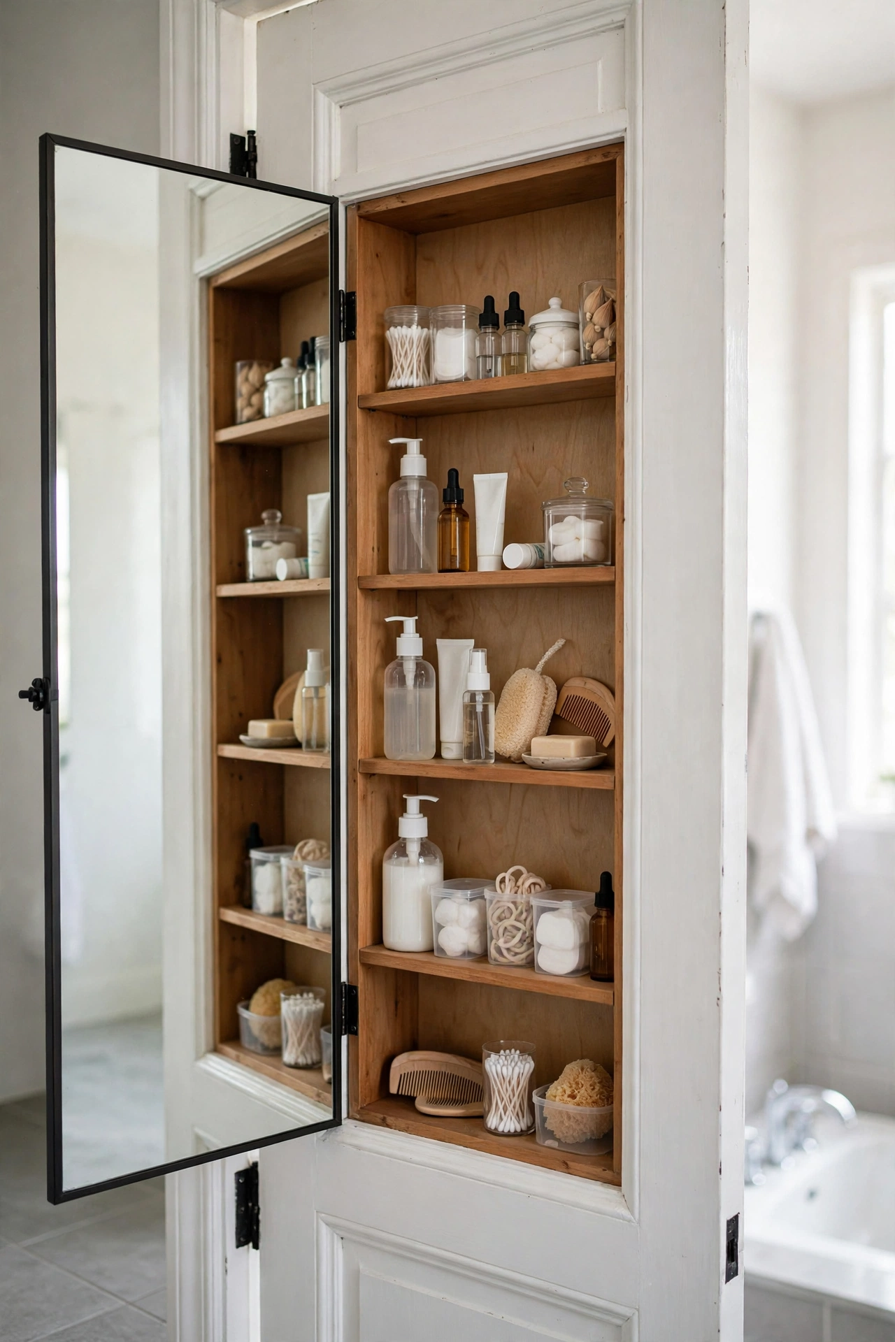 A full-length mirror cabinet open on the back of a bathroom door revealing hidden shelves with toiletries, realistic photo, no text