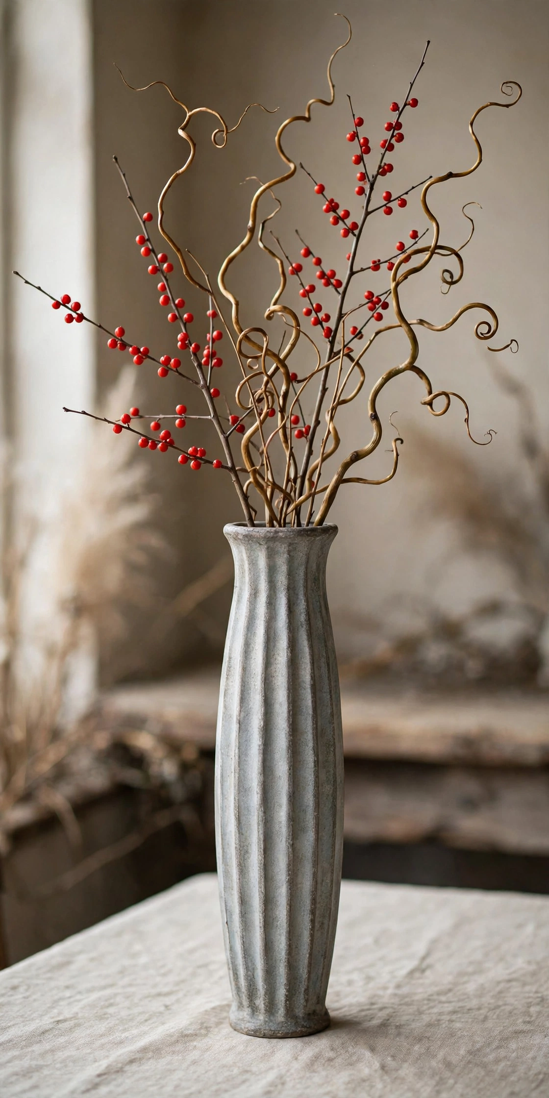 Tall narrow urn with bare winterberry branches and curly willow twigs.