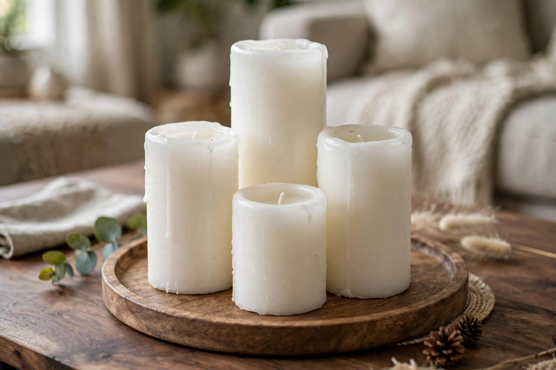 Cluster of white pillar candles on a round wooden tray on a coffee table.