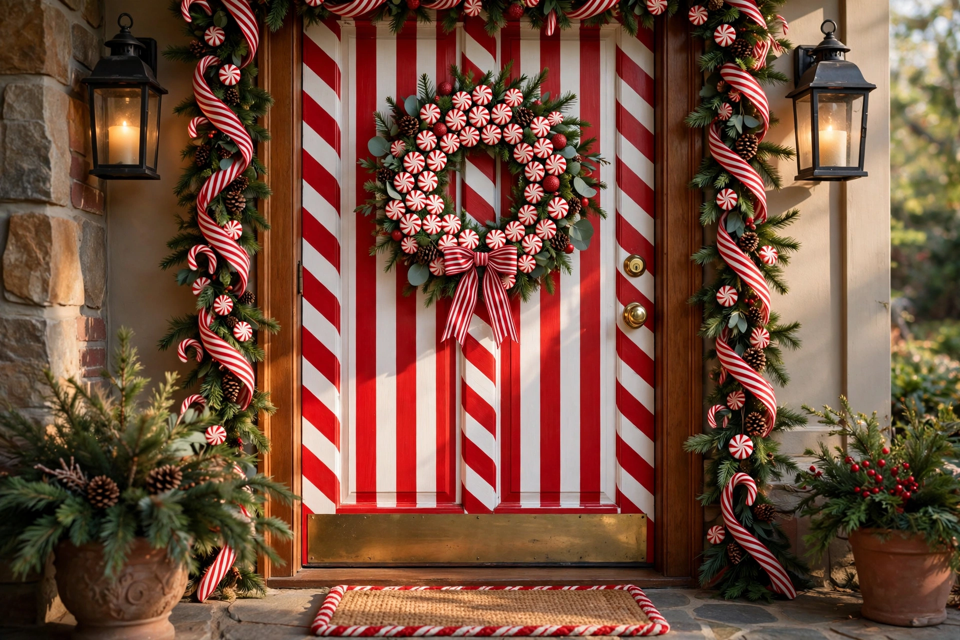 Candy cane striped door — Christmas door idea