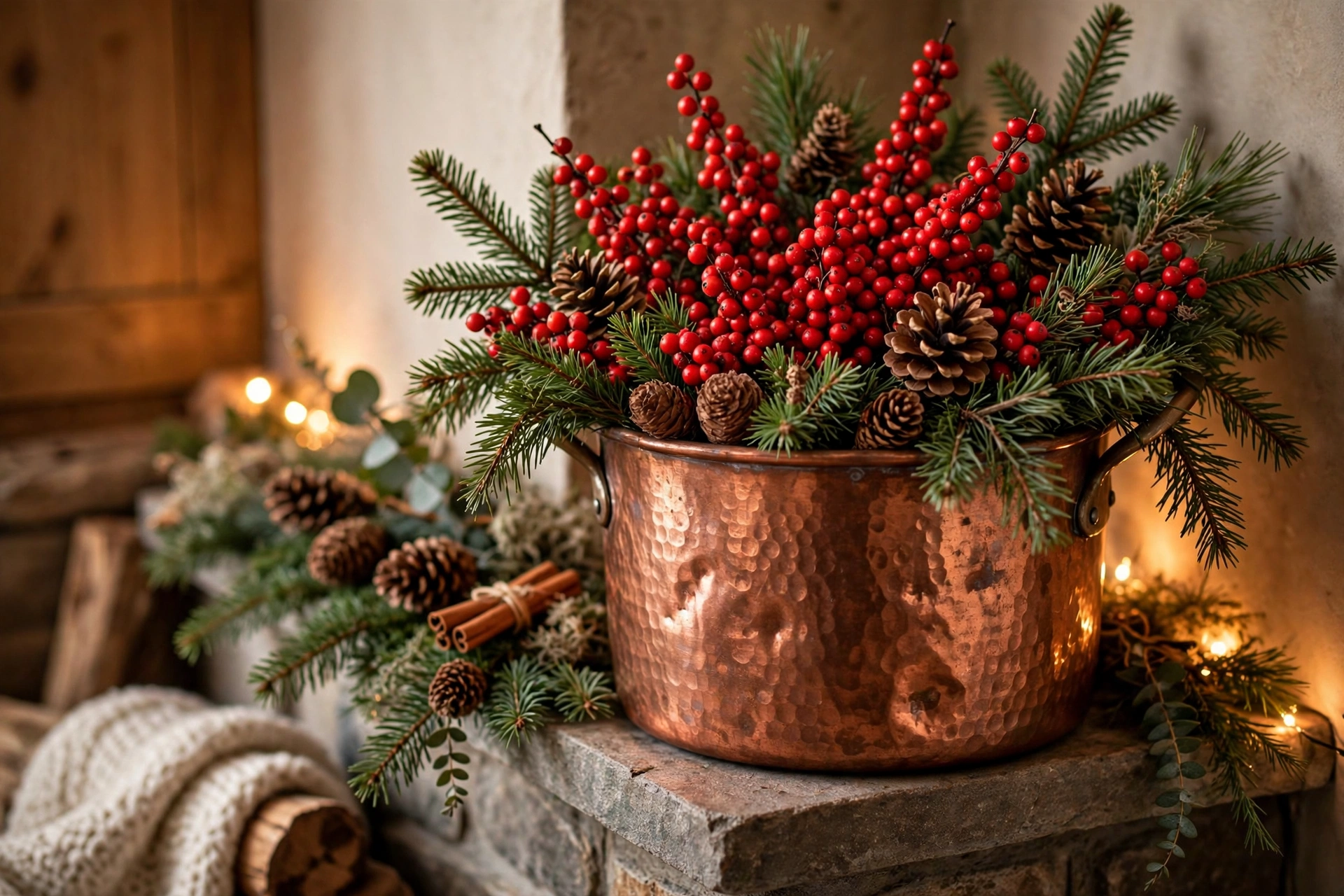 Hammered copper pot filled with red berries, evergreen sprigs and pinecones on a mantel corner.