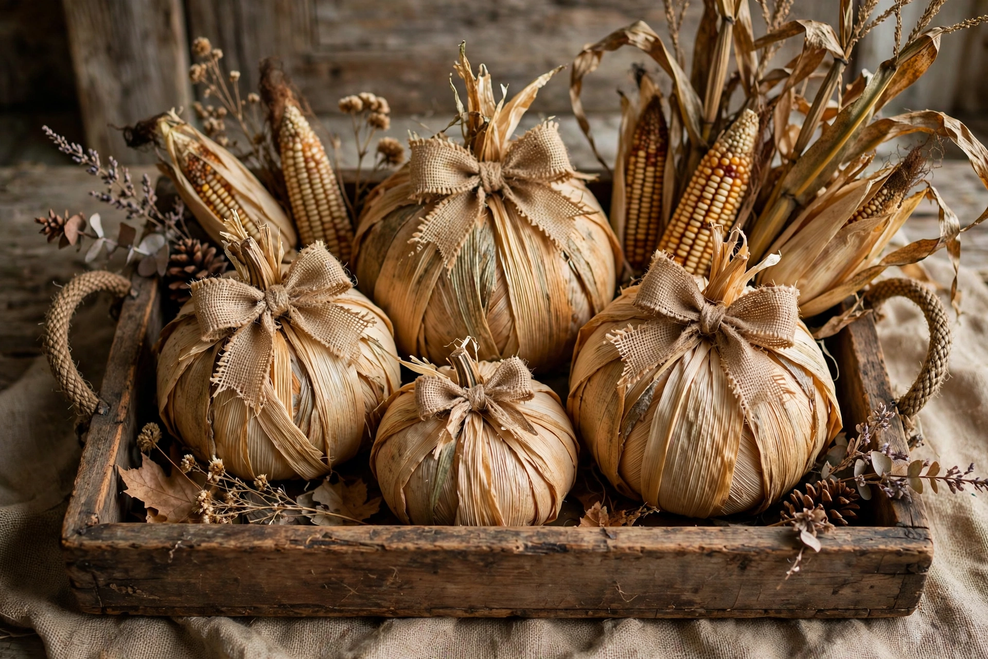 Rustic tray with corn-husk-wrapped pumpkins, burlap bows, and dried corn stalks.