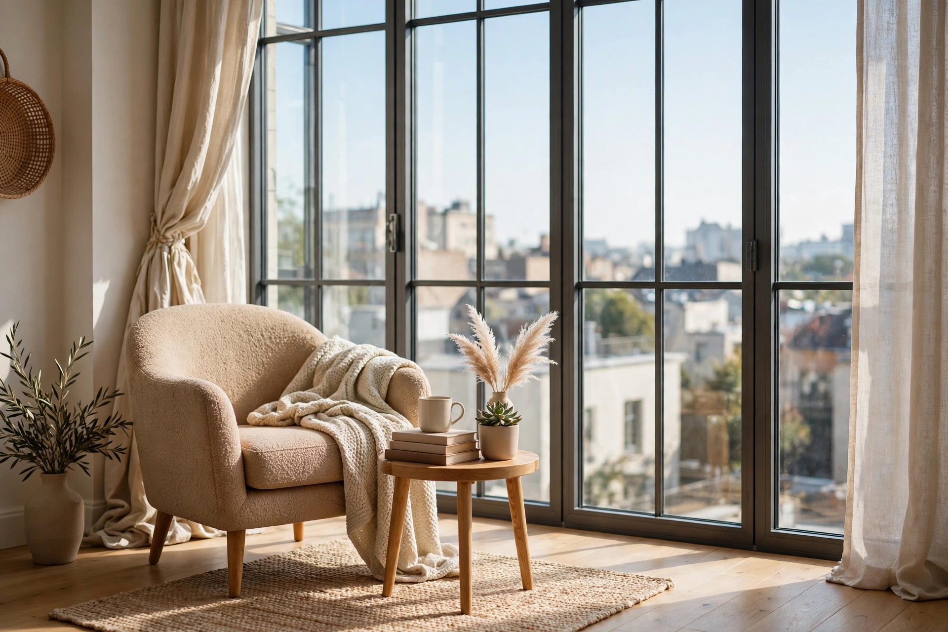 A cozy reading corner by a large studio apartment window with an armchair, throw, and small side table