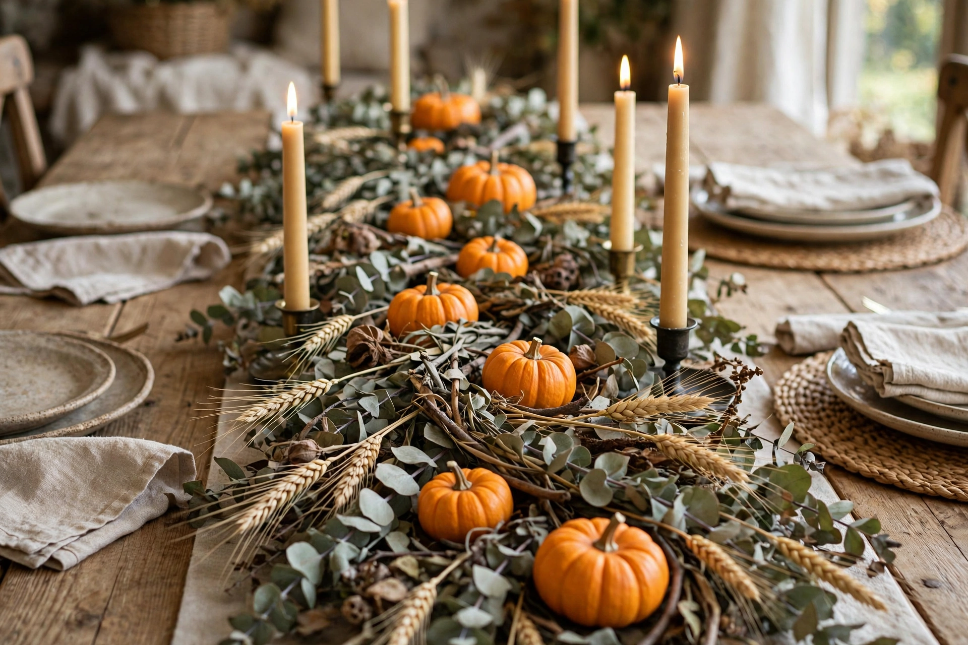 Dining table runner of dried eucalyptus woven with mini pumpkins, taper candles and wheat.