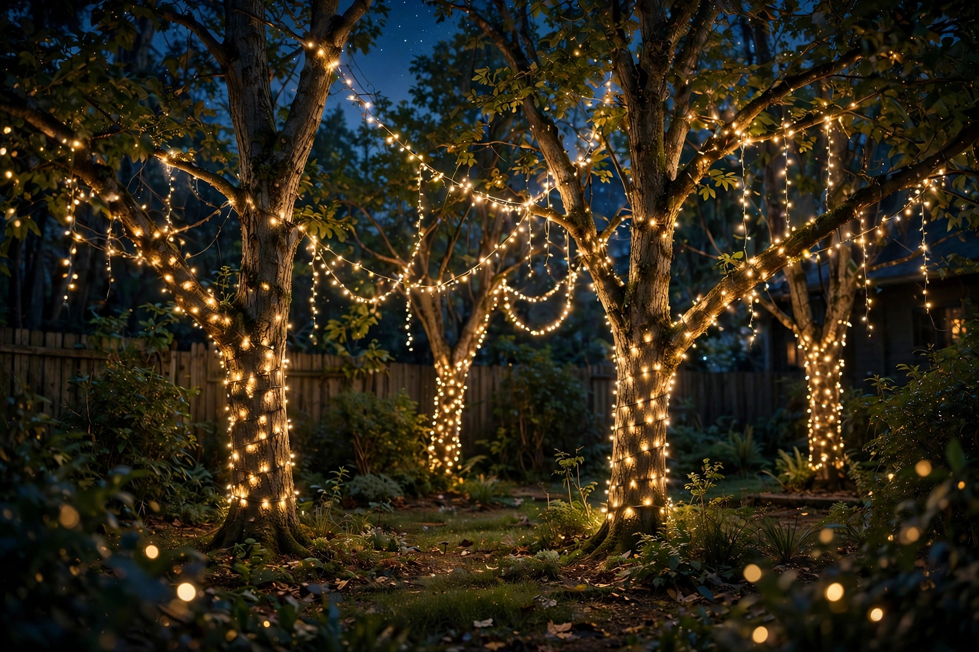 Backyard trees wrapped in warm fairy lights glowing at night, creating an enchanted grove atmosphere