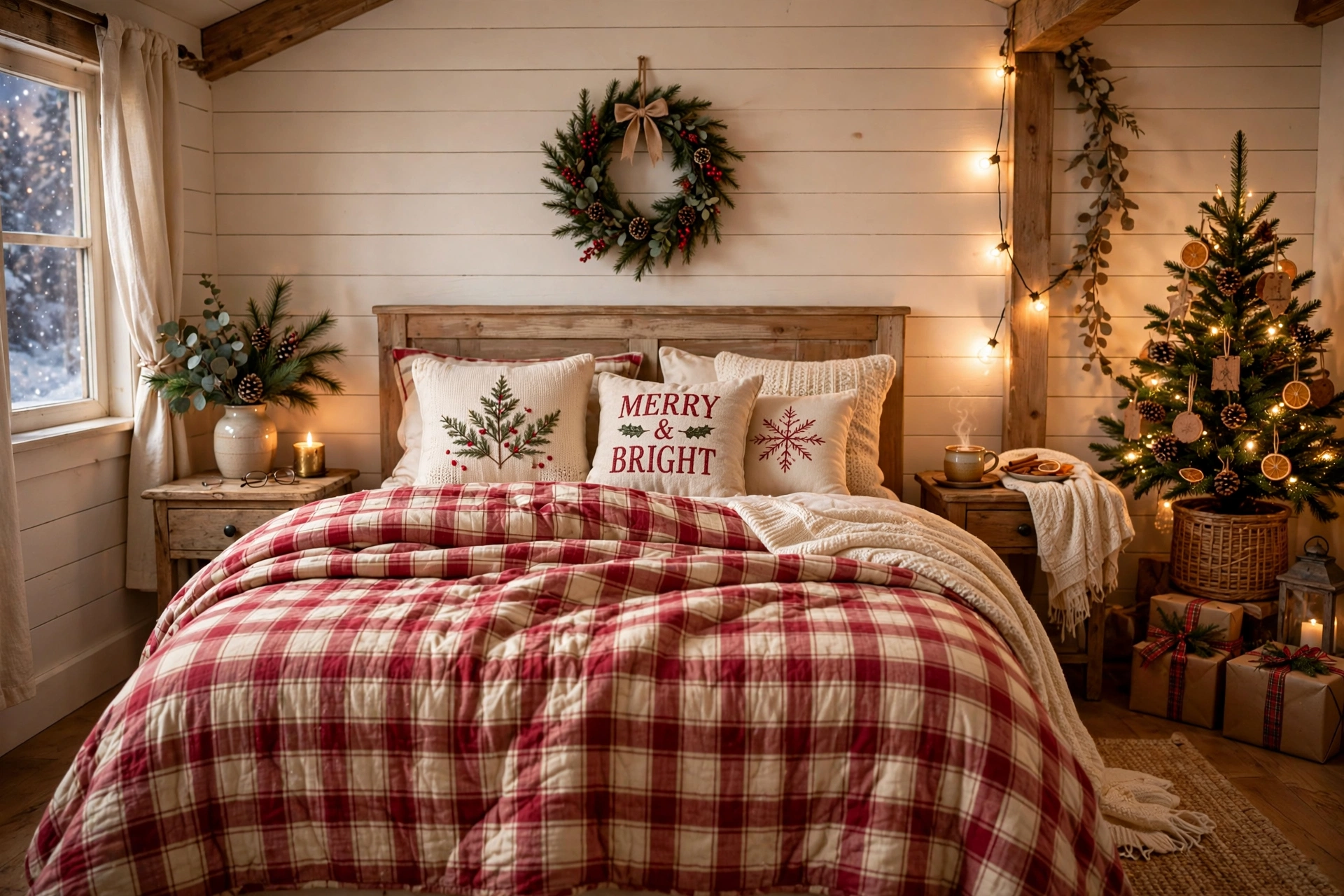 Cozy farmhouse bedroom with a red and cream plaid quilt and holiday pillows on the bed.