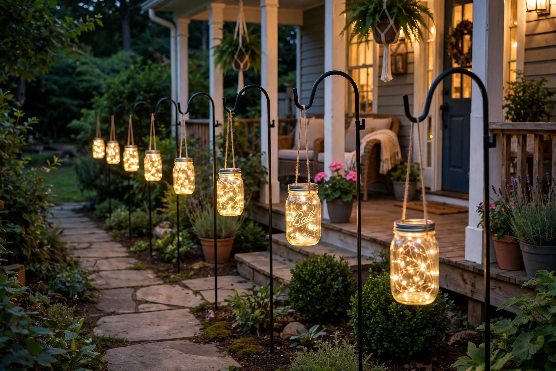 Mason jars filled with fairy lights hanging from shepherd hooks along a porch walkway.