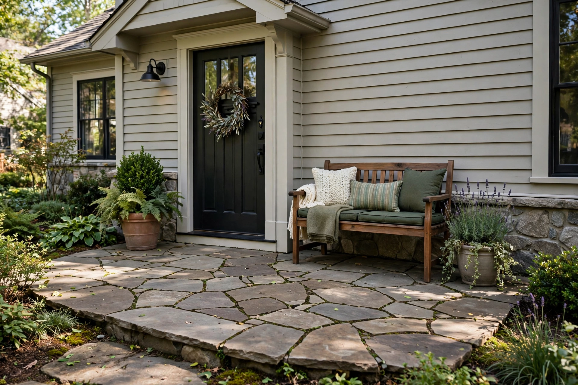 Flagstone patio landing with a bench at the front door of a house.