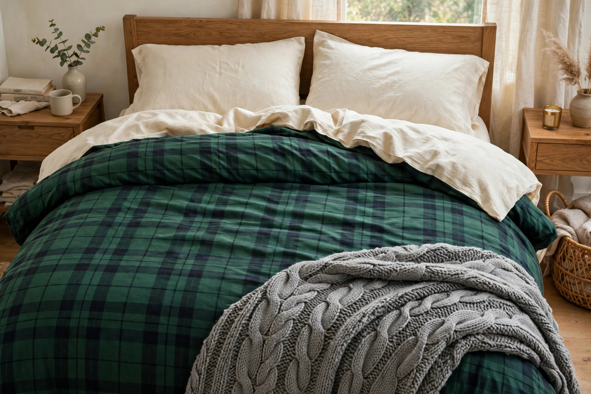Forest green plaid flannel duvet with cream sheets and a chunky grey knit throw.