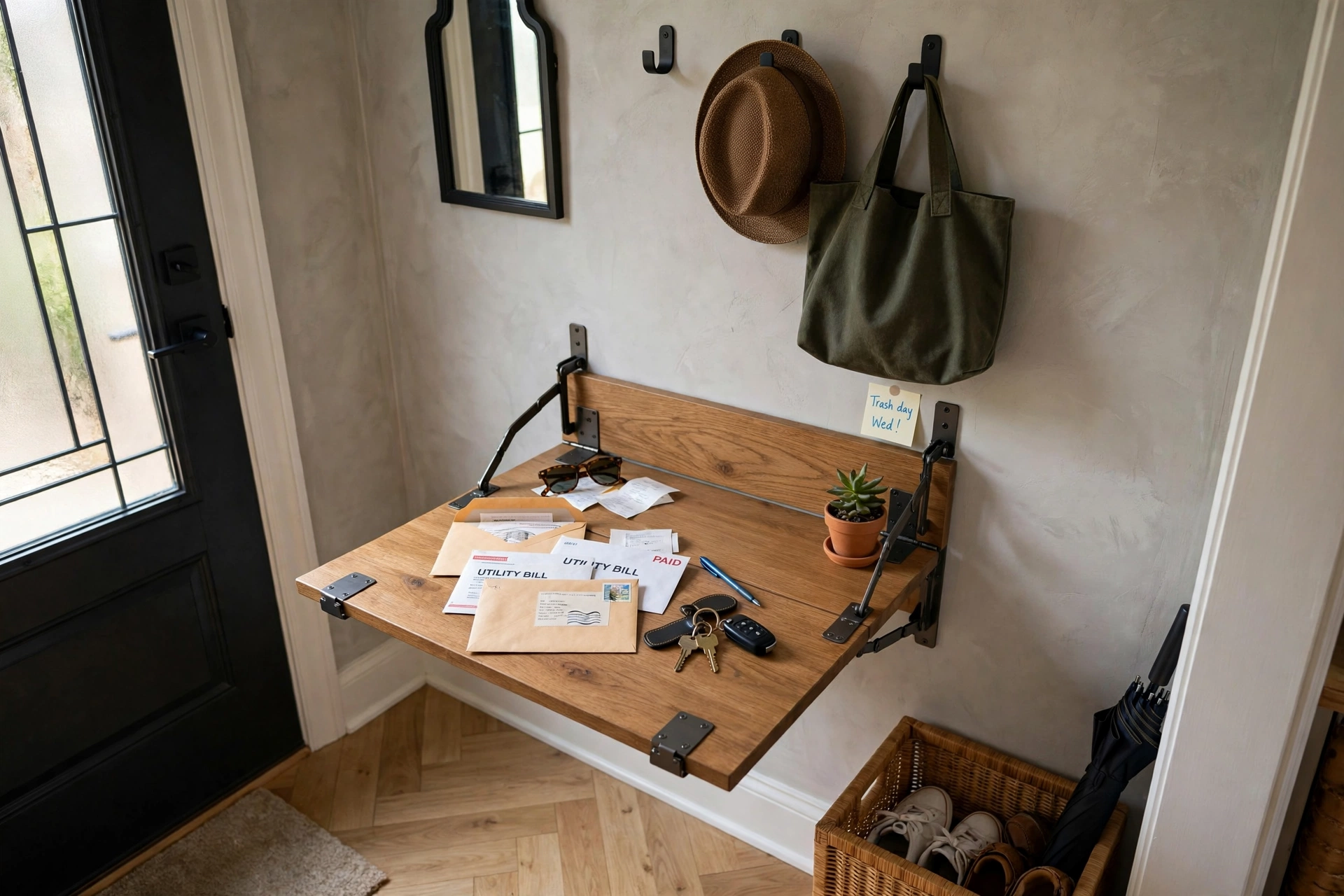 Fold-down wall station — drop zone idea