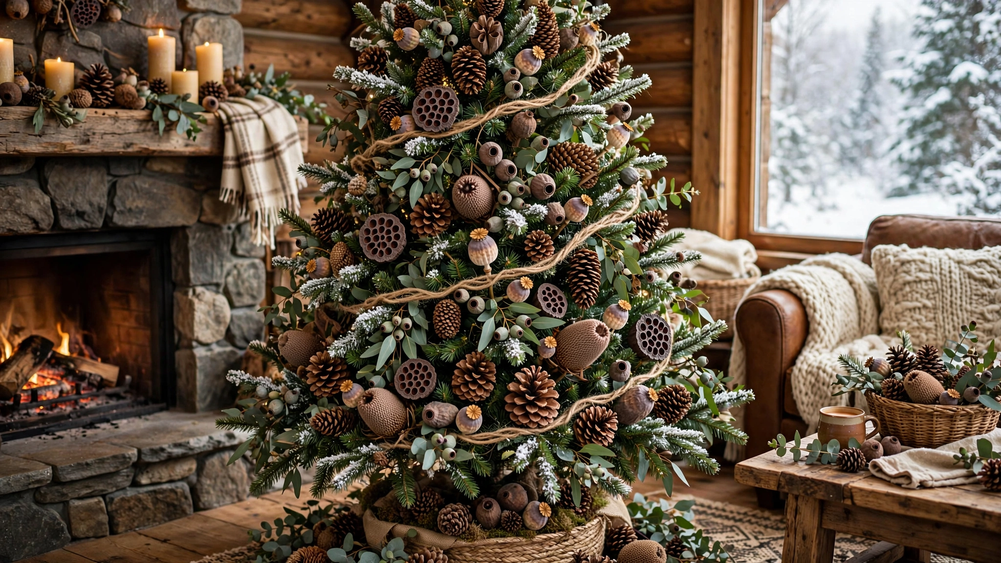 forest Christmas tree decorated with natural pinecones, twine garland, and greenery