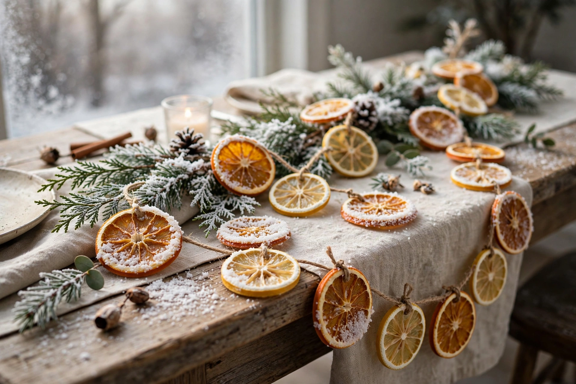 Frosted dried citrus slice garland draped on a winter dining table