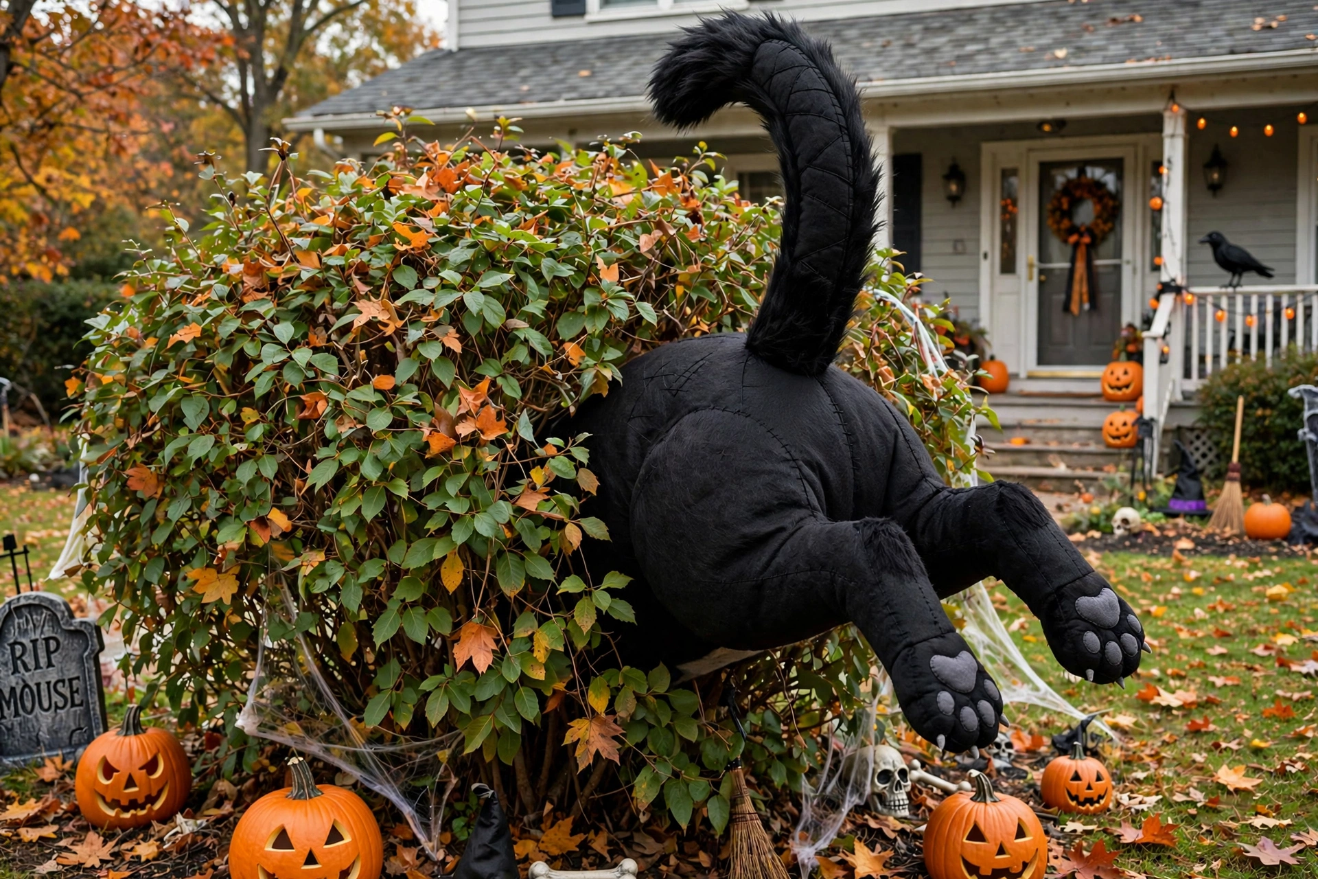 Giant black cat decoration sticking butt-first out of a bush with its tail up.