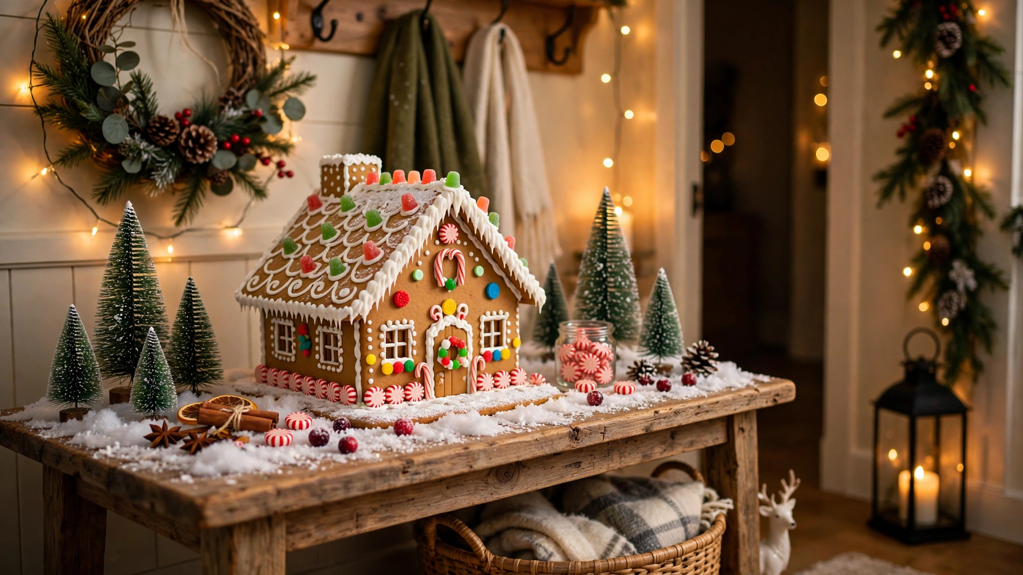 Gingerbread house displayed on an entry table with faux snow