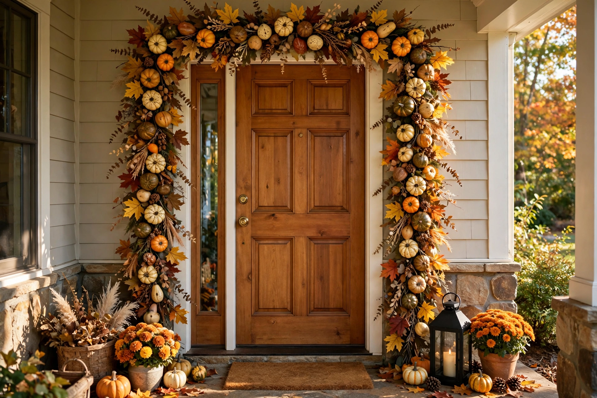 Mini gourd and leaf garland framing a front door.