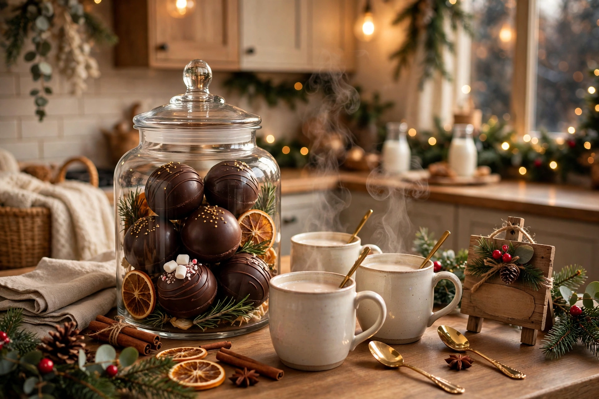 Glass jar of hot chocolate bombs with mugs and gold spoons