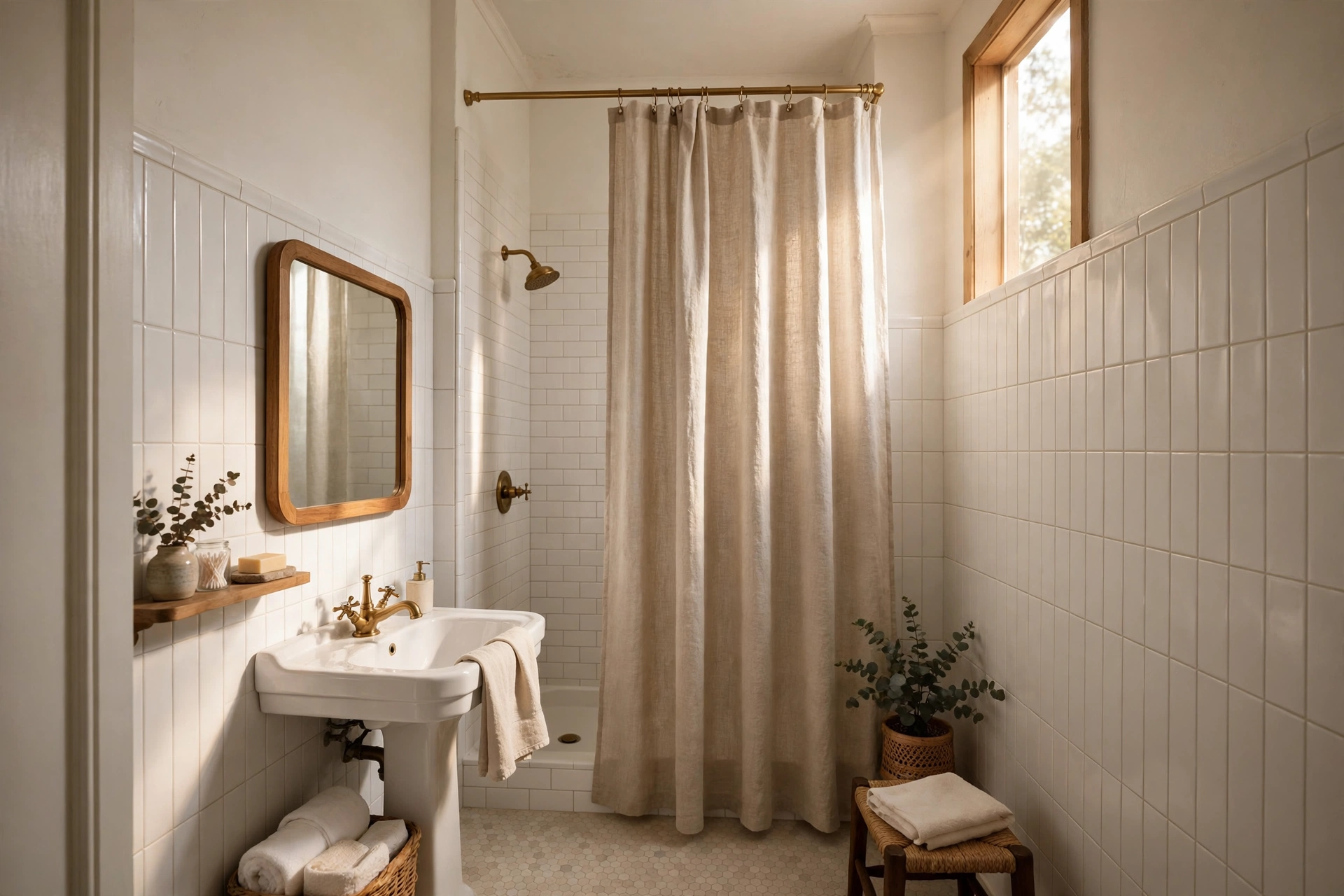 High and wide shower curtain in a small bathroom — small bathroom decor idea