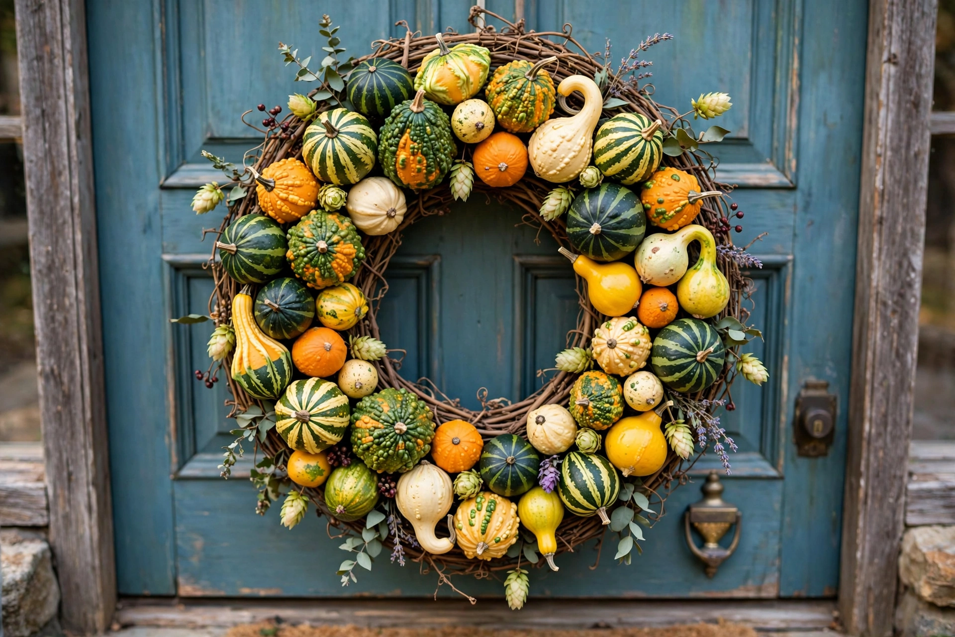 Wreath of colorful mini gourds in quirky shapes on a grapevine base on a door.