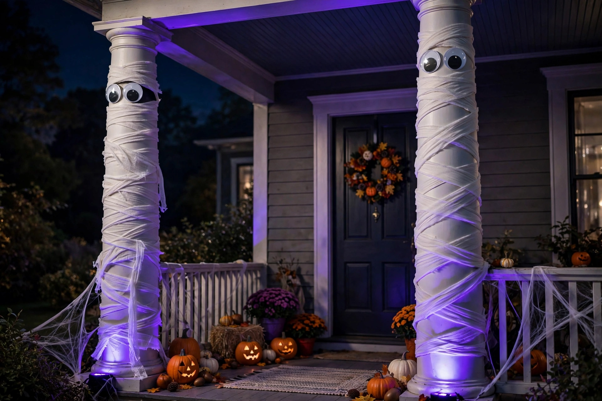 Porch columns wrapped in white gauze like mummies with big googly eyes.