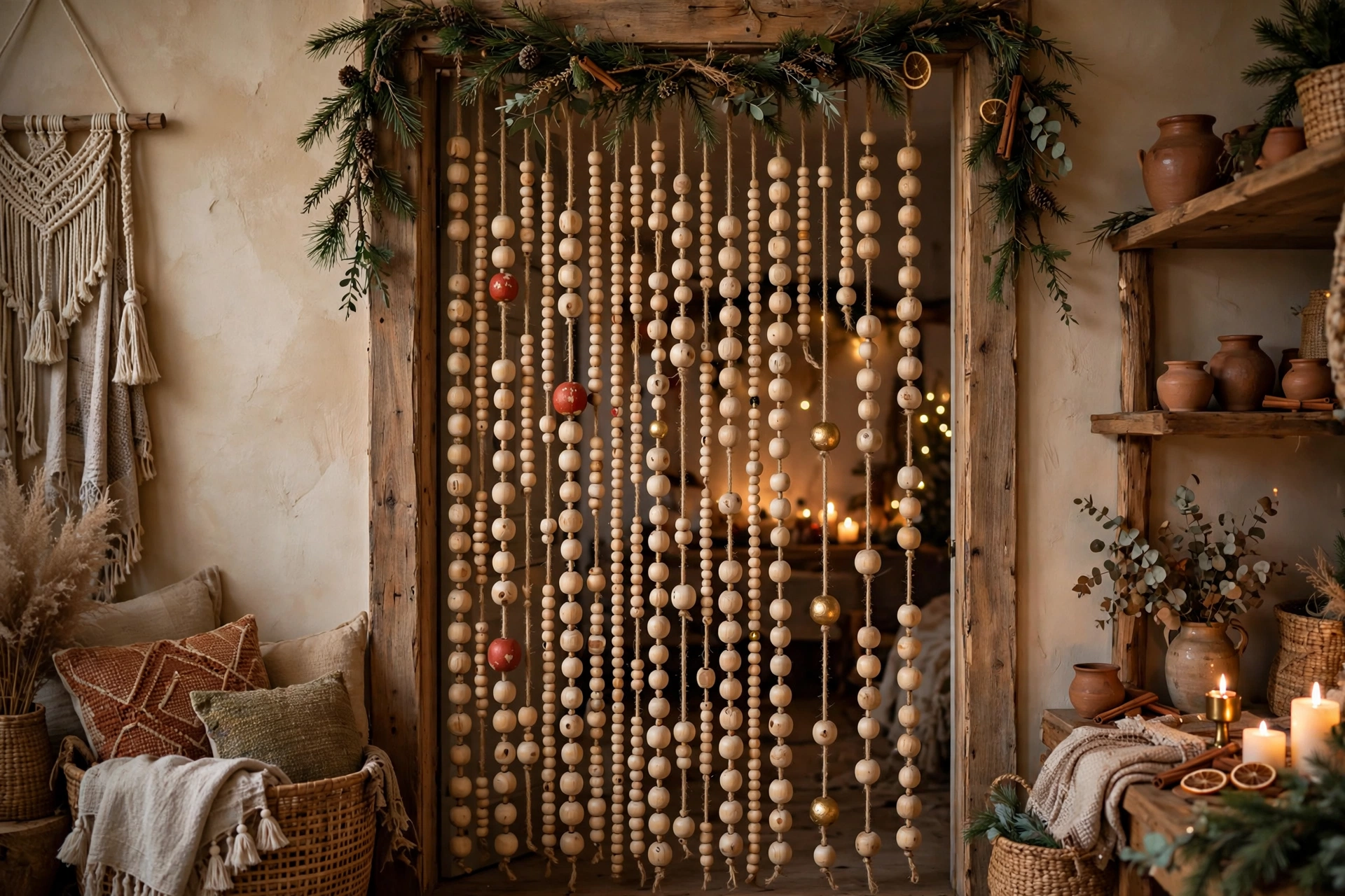 A natural wood bead curtain hanging in a doorway decorated for Christmas