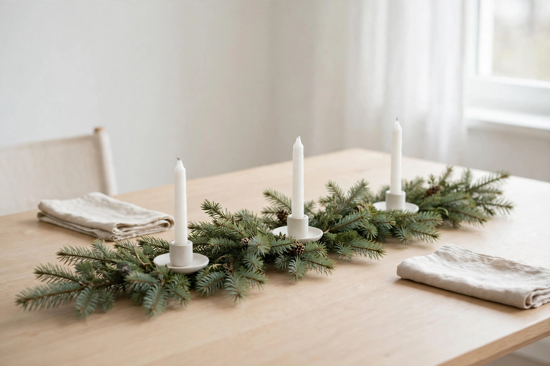 Single low spruce garland with simple white candles on a bright minimalist table.