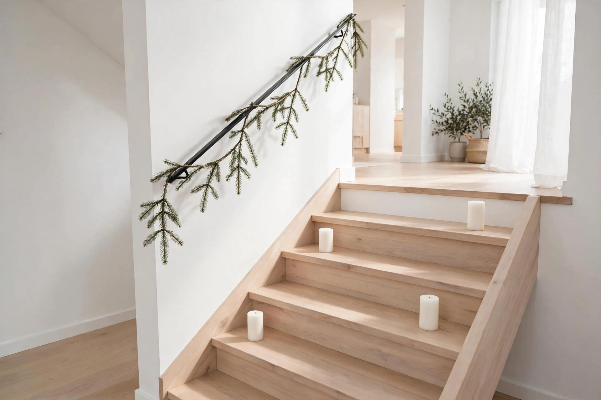 Slim minimal spruce garland with white candles on a bright Scandinavian-style staircase.